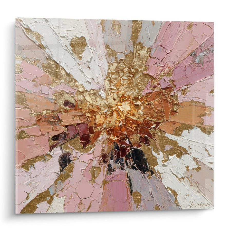 Tableau explosion dorée et rose aux textures épaisses - Rayonnement solaire - Edition Feng shui Sud-Ouest Terre