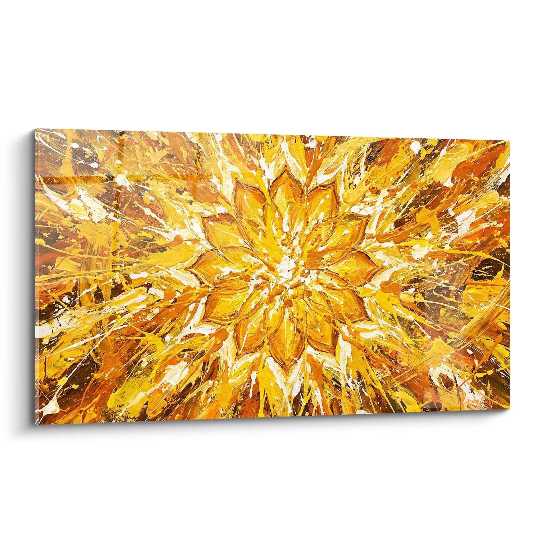Tableau explosion florale doree aux nuances oranges et jaunes chakras rayonnement solaire contemporain