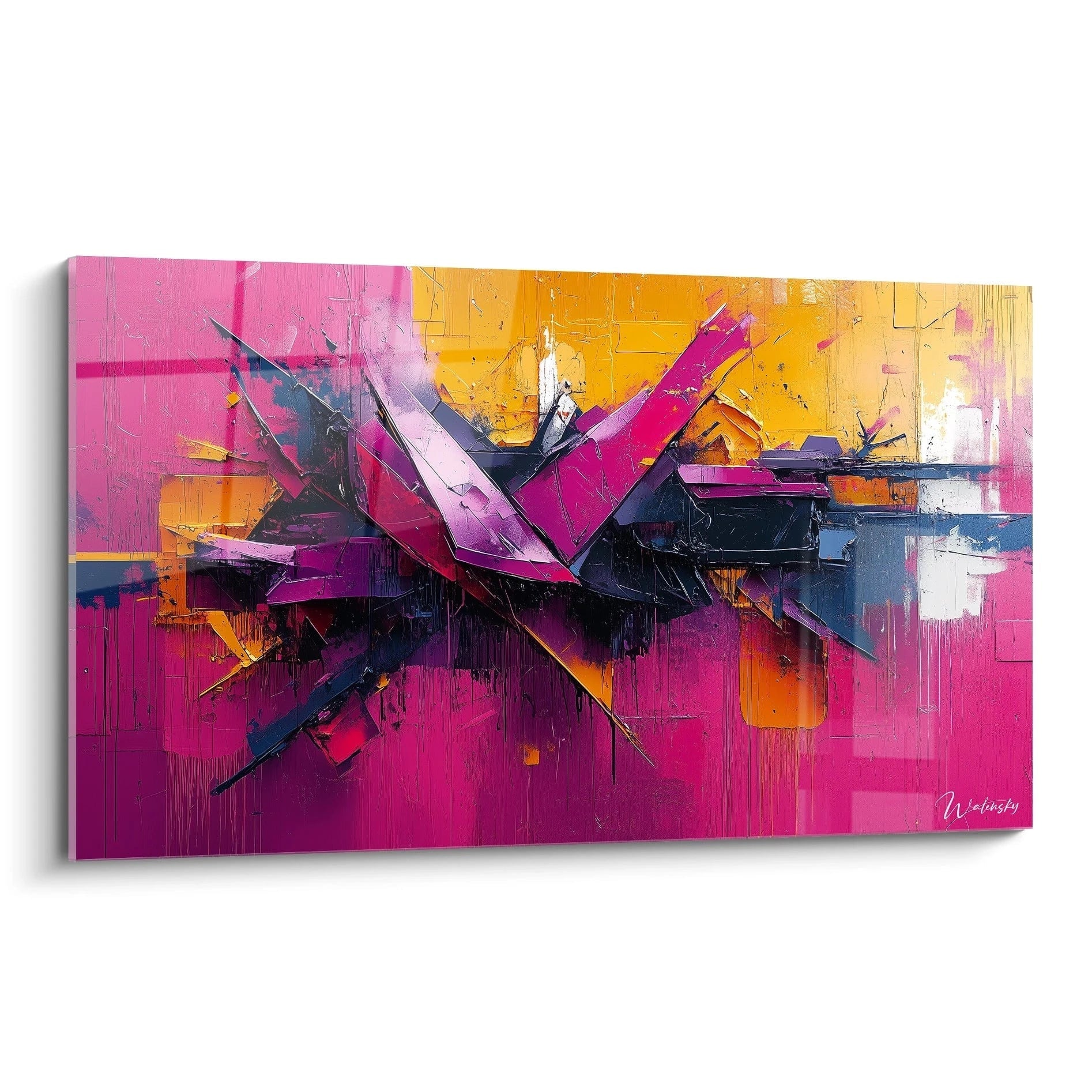 Un tableau abstrait expressionniste aux formes géométriques éclatées, dominé par des tons rose fuchsia vif et orange doré, avec des accents de bleu marine et noir, présentant des textures en relief et des coups de pinceau énergiques créant une dynamique centrale.
