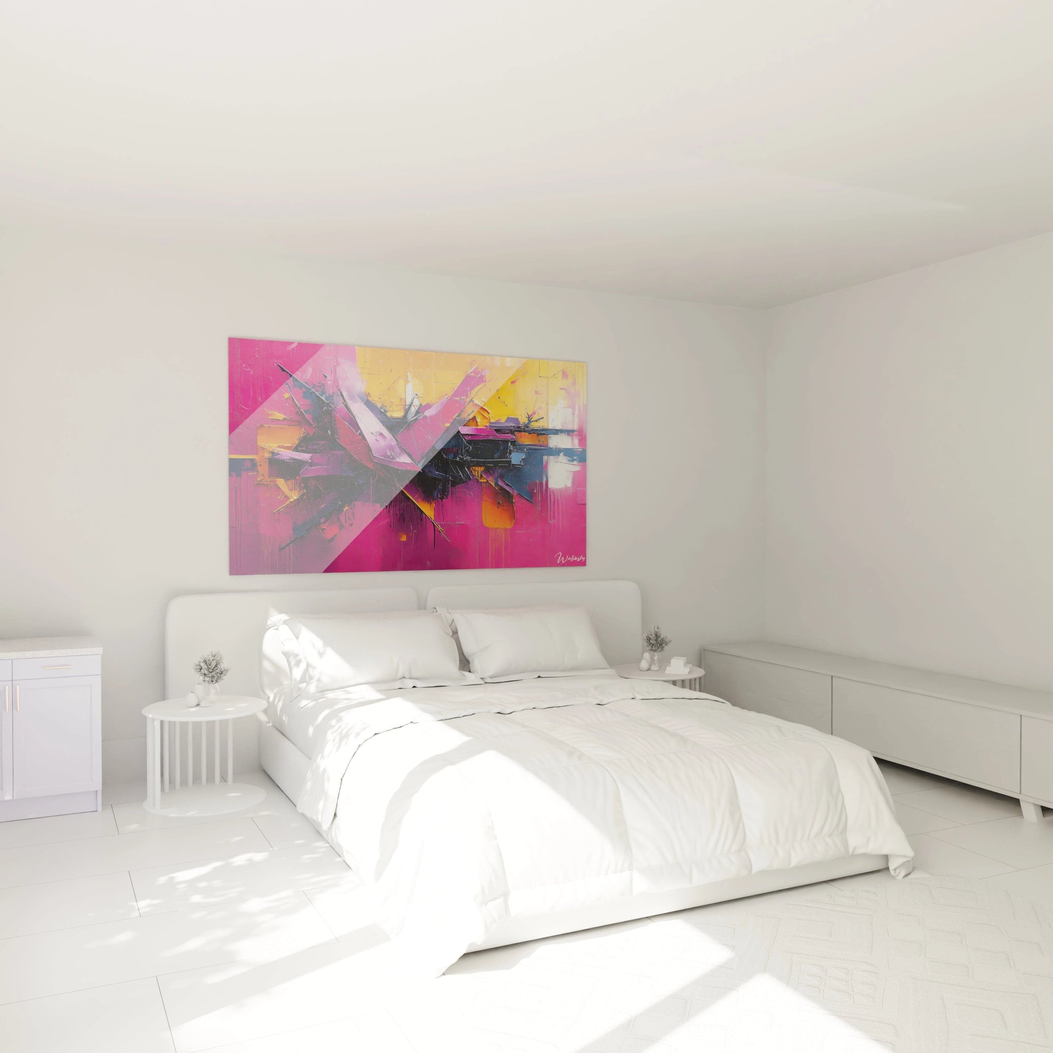 Un tableau abstrait moderne présentant une explosion de couleurs vibrantes où dominent le rose et l'orange, avec des formes angulaires et des lignes dynamiques qui se croisent au centre, créant une composition structurée aux textures épaisses et aux contrastes marqués.

