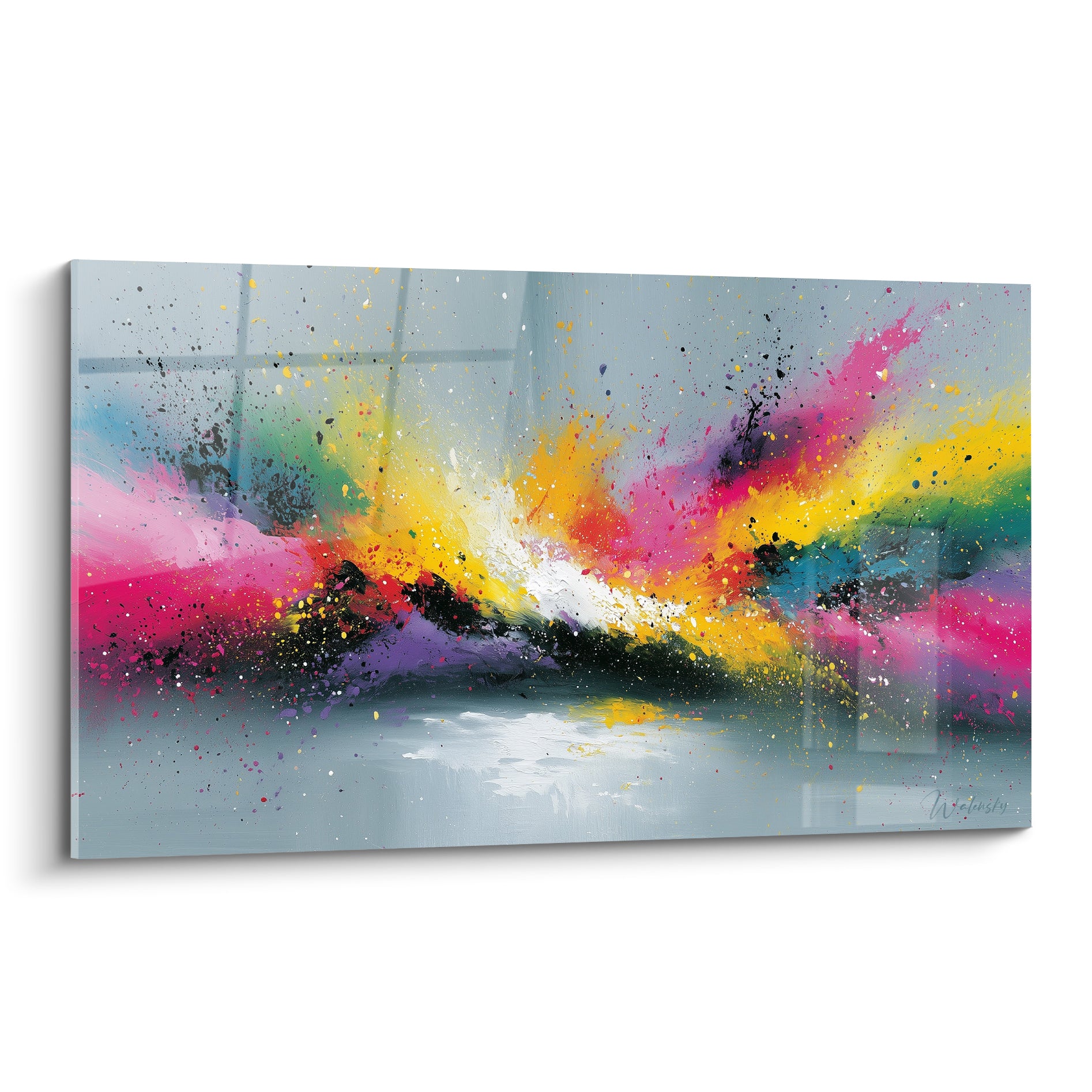Explosion abstraite jaune et rose fuchsia sur fond gris argenté, style peinture abstrait vibrant