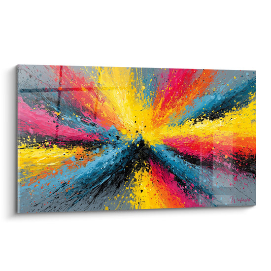 Explosion jaune, rose fuchsia et bleu turquoise jaillissant d'un point central anthracite