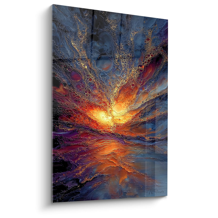 Tableau explosion de lumière dorée sur fond bleu cosmos avec rayons solaires - Éclat Céleste - Edition Feng shui Sud-Est Bois