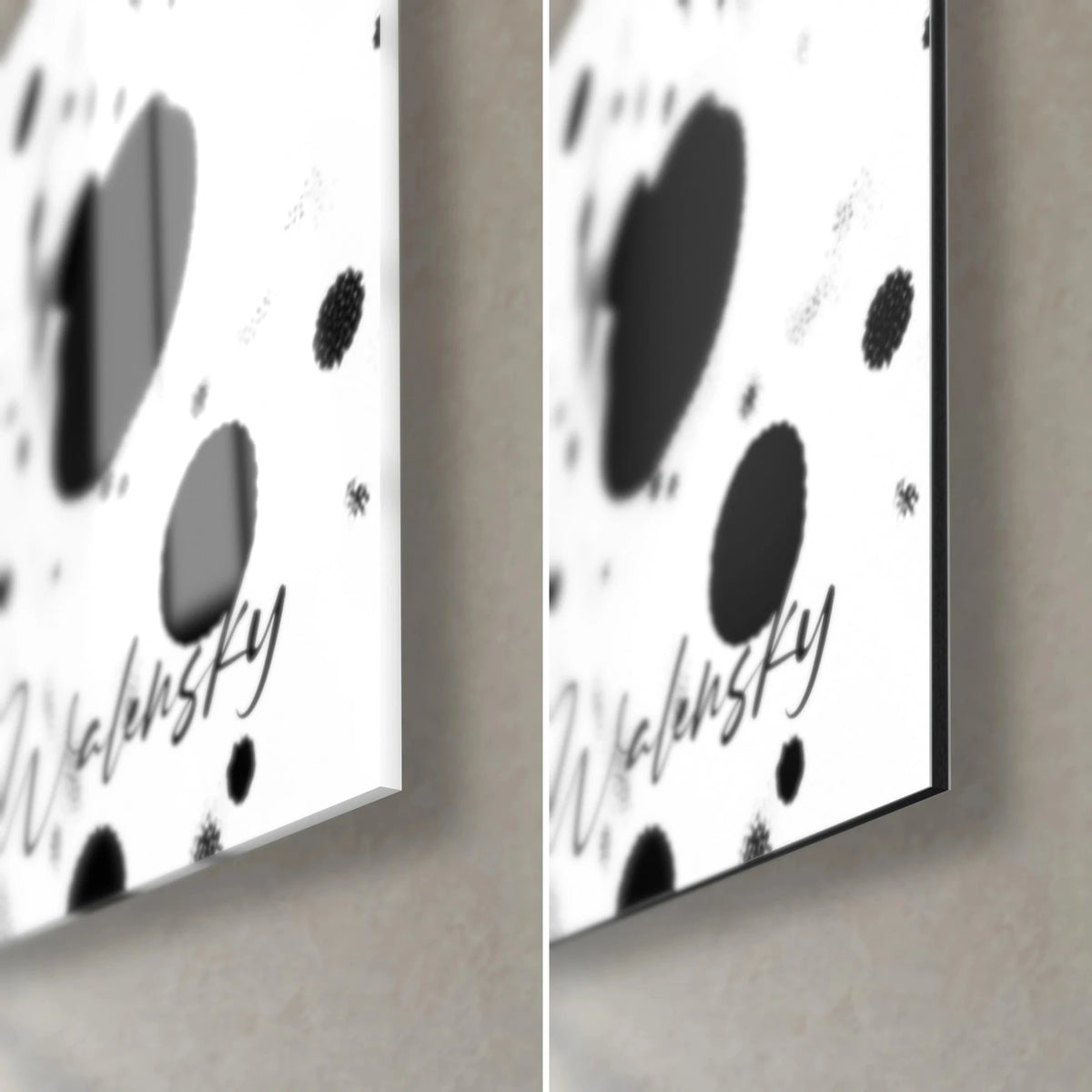 Cuadro de salpicaduras de tinta negra y gris, esquina inferior derecha: cristal brillante con reflejos, Dibond blanco mate, canto negro de 3 mm