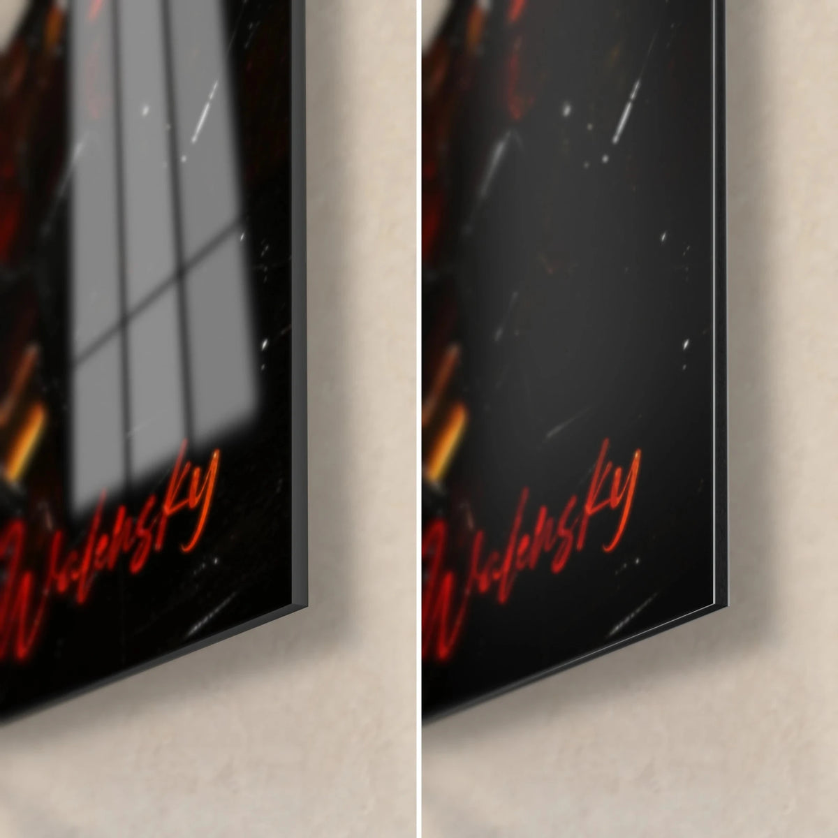 Wall art with an explosion of red and black facets, bottom right corner in glossy glass and matte Dibond aluminium, 3 mm edge