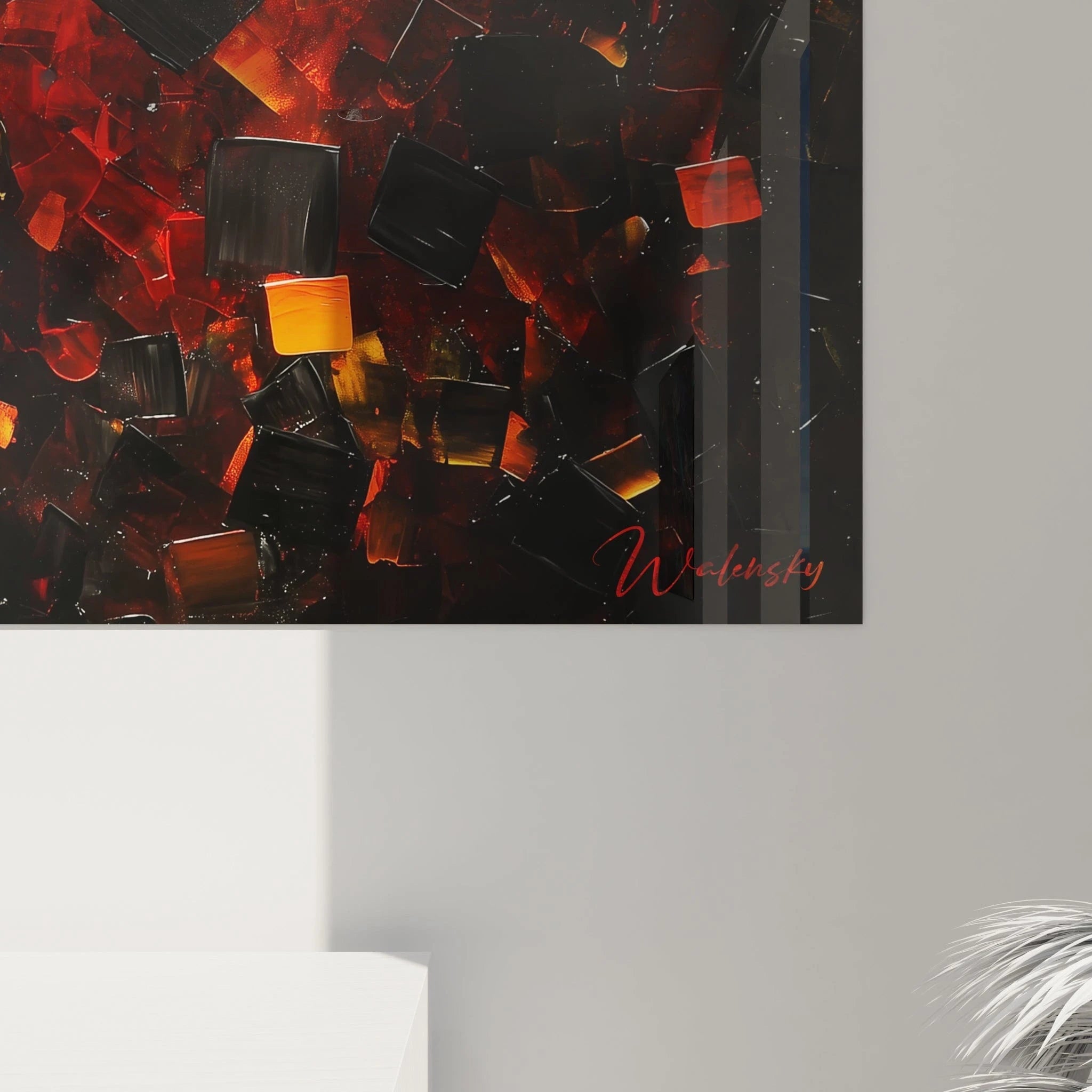 Tableau cubisme abstrait de Walensky avec des formes géométriques en noir et rouge
