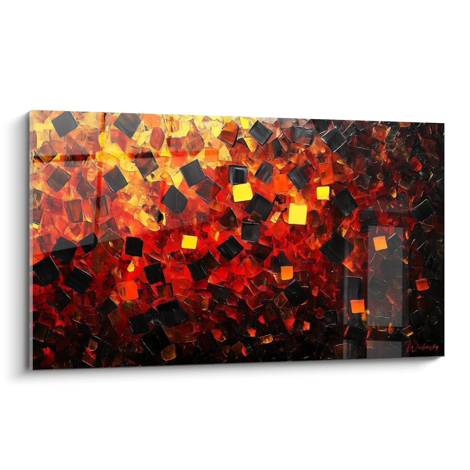 Tableau cubisme abstrait de Walensky avec des formes carrées en nuances de rouge et noir