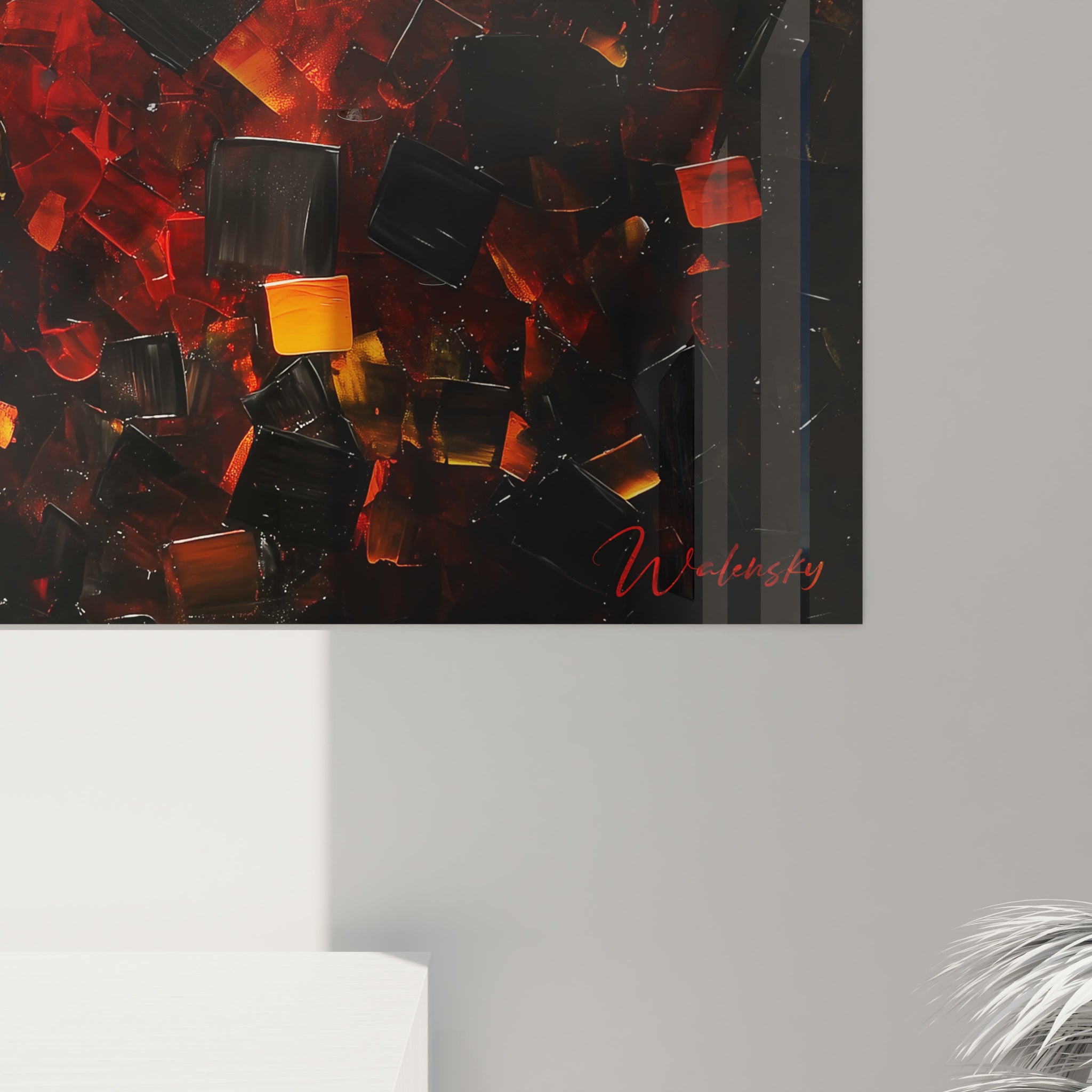Tableau cubisme abstrait de Walensky avec des formes géométriques en noir et rouge