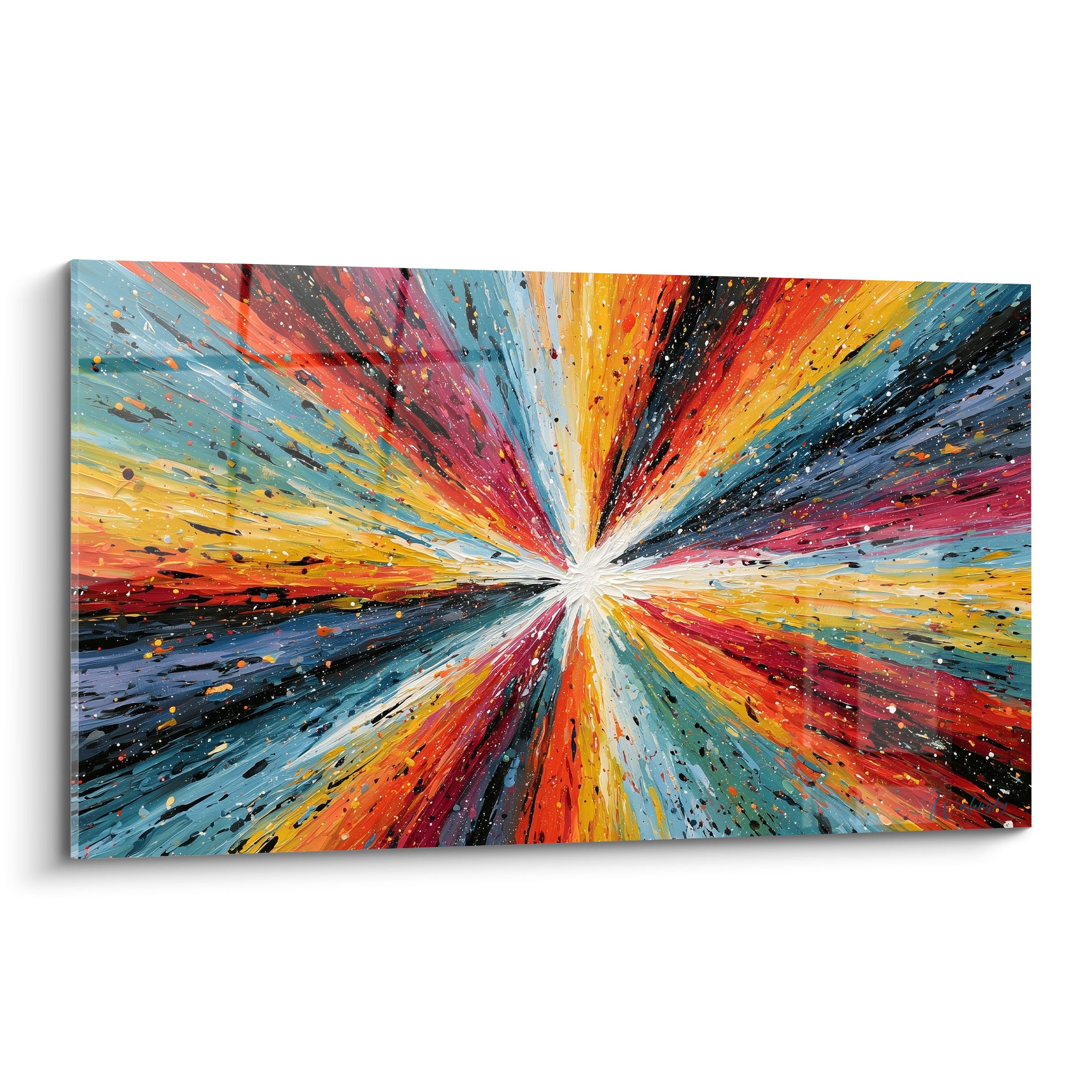 Explosion radiale bleu pétrole et ocre doré jaillissant d'un point blanc central sur toile abstraite