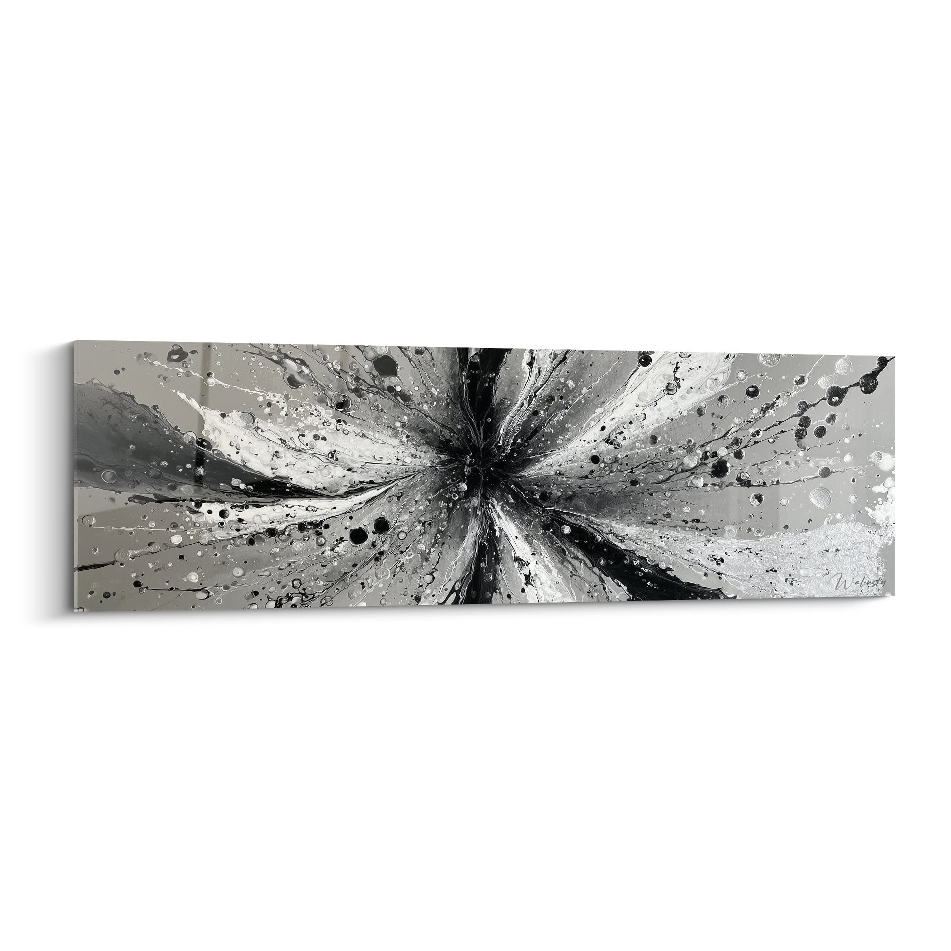 Tableau panoramique explosion radiante noir et blanc avec eclaboussures argentees feng shui metal