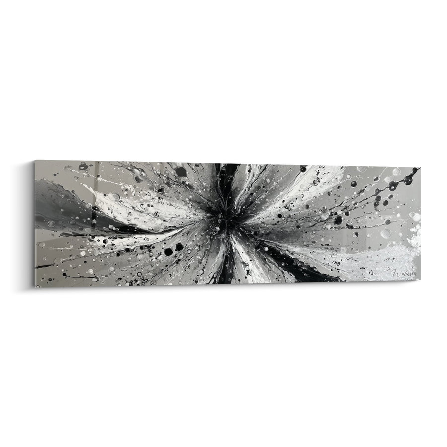 Tableau explosion radiante noir et blanc avec éclaboussures argentées - Énergie Cosmique - Edition Feng shui Nord-Ouest Métal