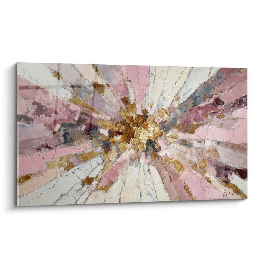 Tableau explosion radiante rose et dorée avec texture craquelée - Éclat Solaire - Edition Feng shui Sud-Ouest Terre