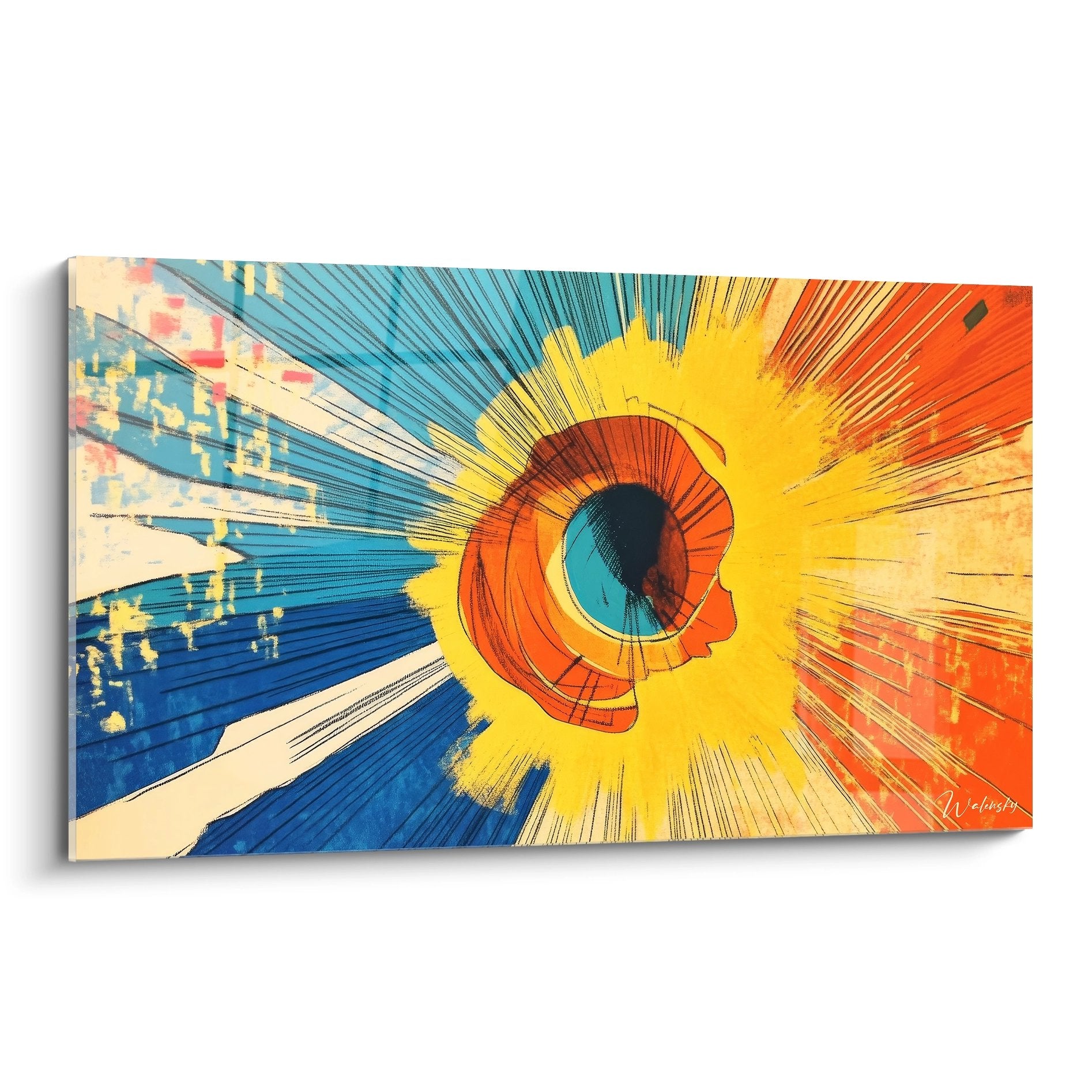 Tableau mural explosion solaire abstraite aux couleurs vives bleu jaune orange rouge