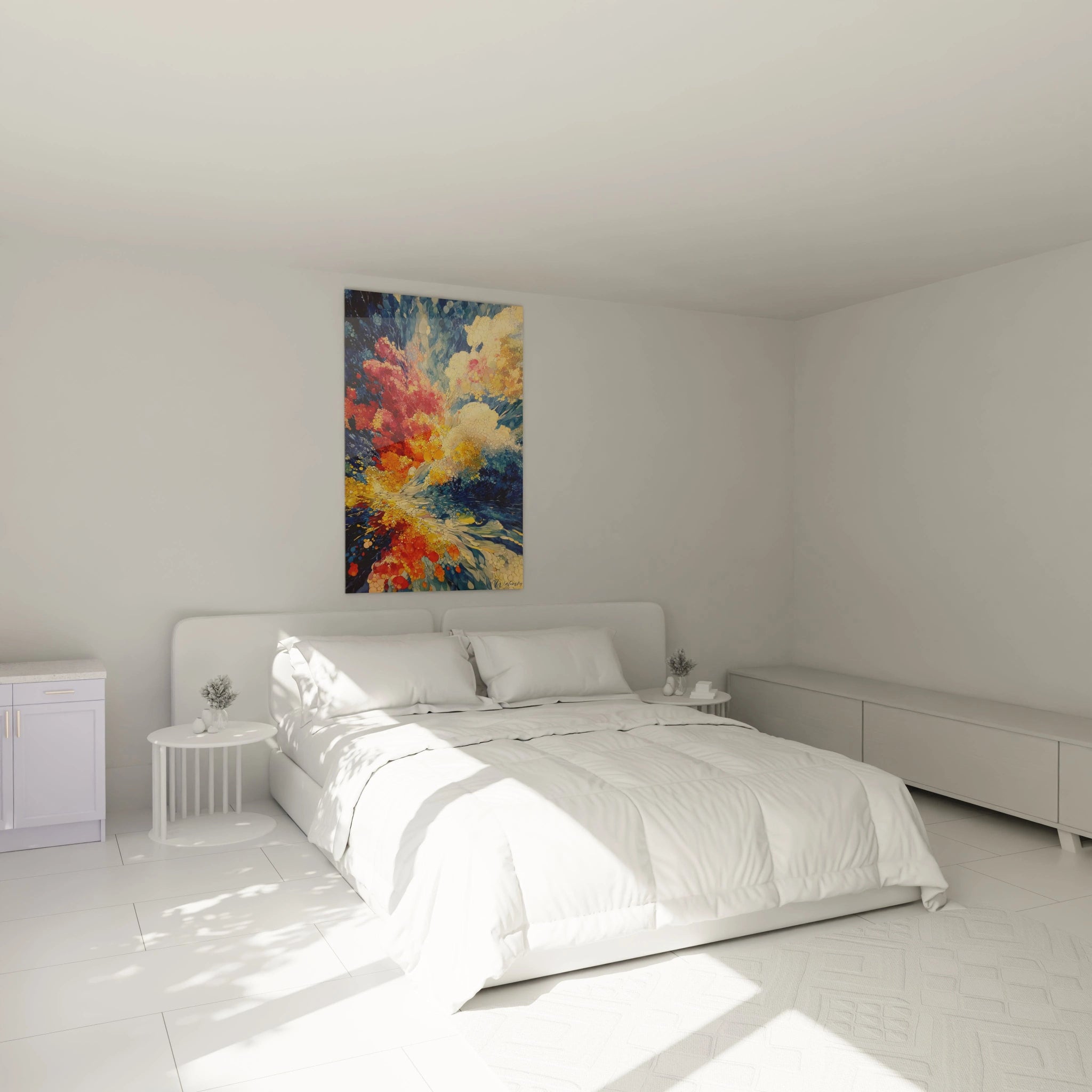 Walensky tableau pointillisme moderne coloré accroché au dessus d un lit blanc dans une chambre minimaliste et lumineuse