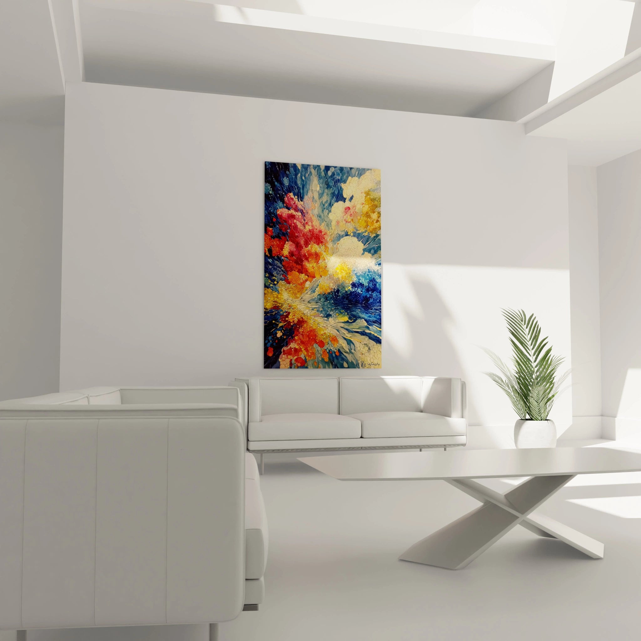 tableau pointillisme moderne Walensky accroche au mur d un salon blanc minimaliste avec canape et table basse