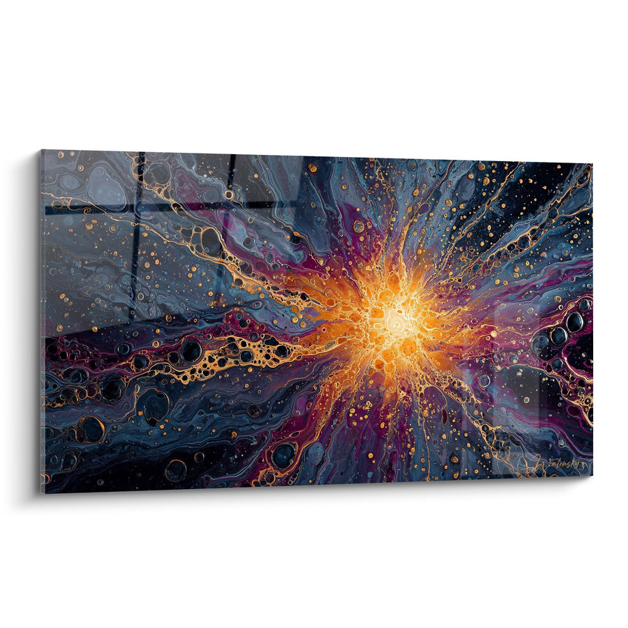 Tableau explosion stellaire orange et bleue avec particules dorées - Énergie cosmique - Edition Feng shui Sud-Est Bois