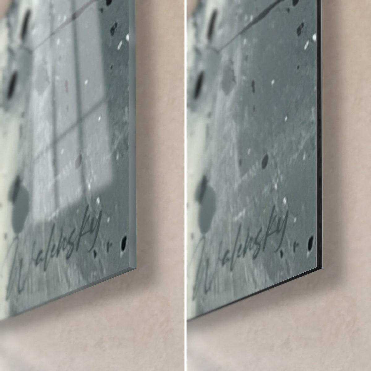 Gemälde Spritzer aus grauer und schwarzer Farbe, Walensky-Signatur, 3 mm Kante zwischen glänzendem Glas und mattem Dibond