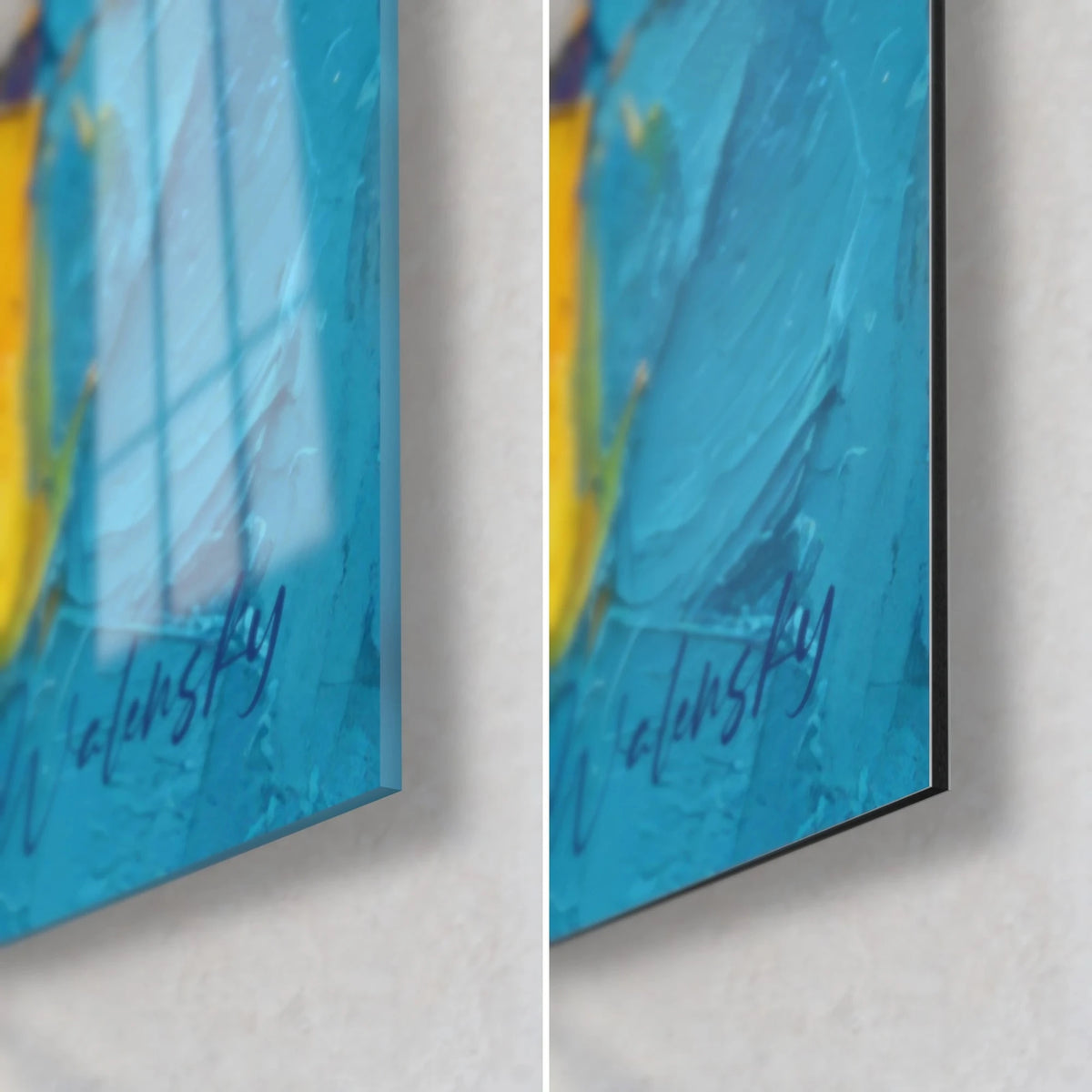 Wall art female portrait with fuchsia lips, bottom right corner: glossy turquoise blue glass on the left, matte Dibond on the right
