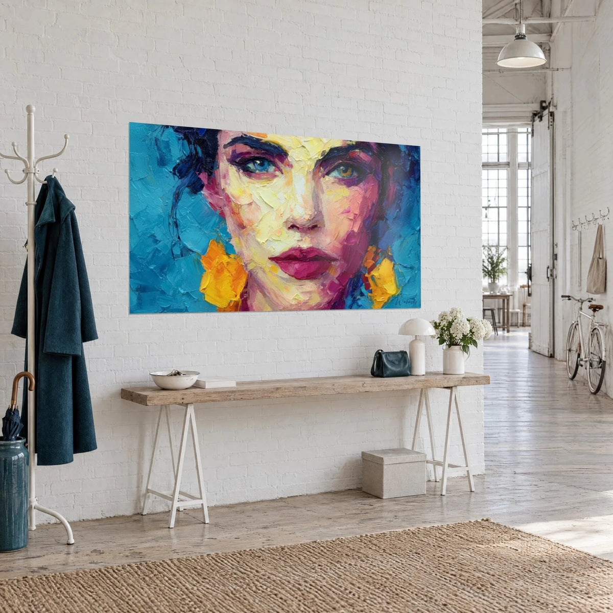 Wall art woman's face with blue eyes, coral pink cheeks and ivory complexion in palette-knife strokes, on a white brick wall