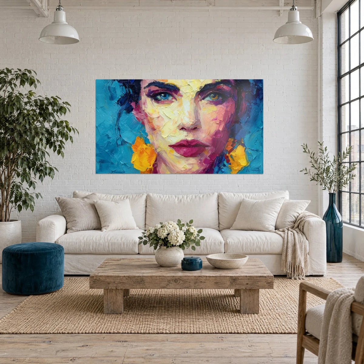 Wall art female portrait with fuchsia lips on a turquoise blue background, saffron yellow curls, above a sofa in a bright living room