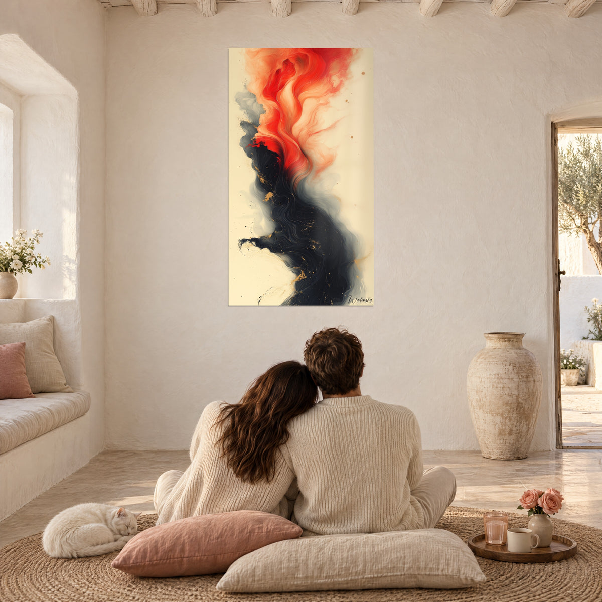 Cuadro nacimiento de llamas rojas y coral sobre una ola de tinta negra perfilada en gris, una pareja de espaldas sobre cojines rosas, un gato