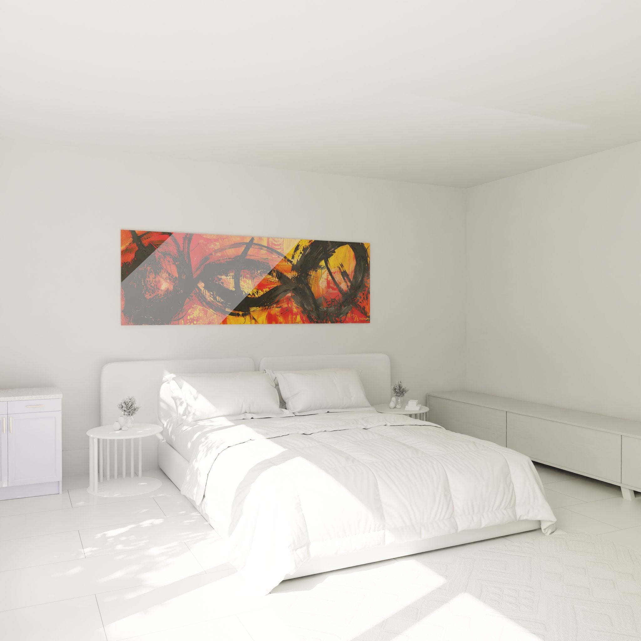 Tableau expressionniste abstrait dans chambre moderne, décoration murale contemporaine couleurs chaudes