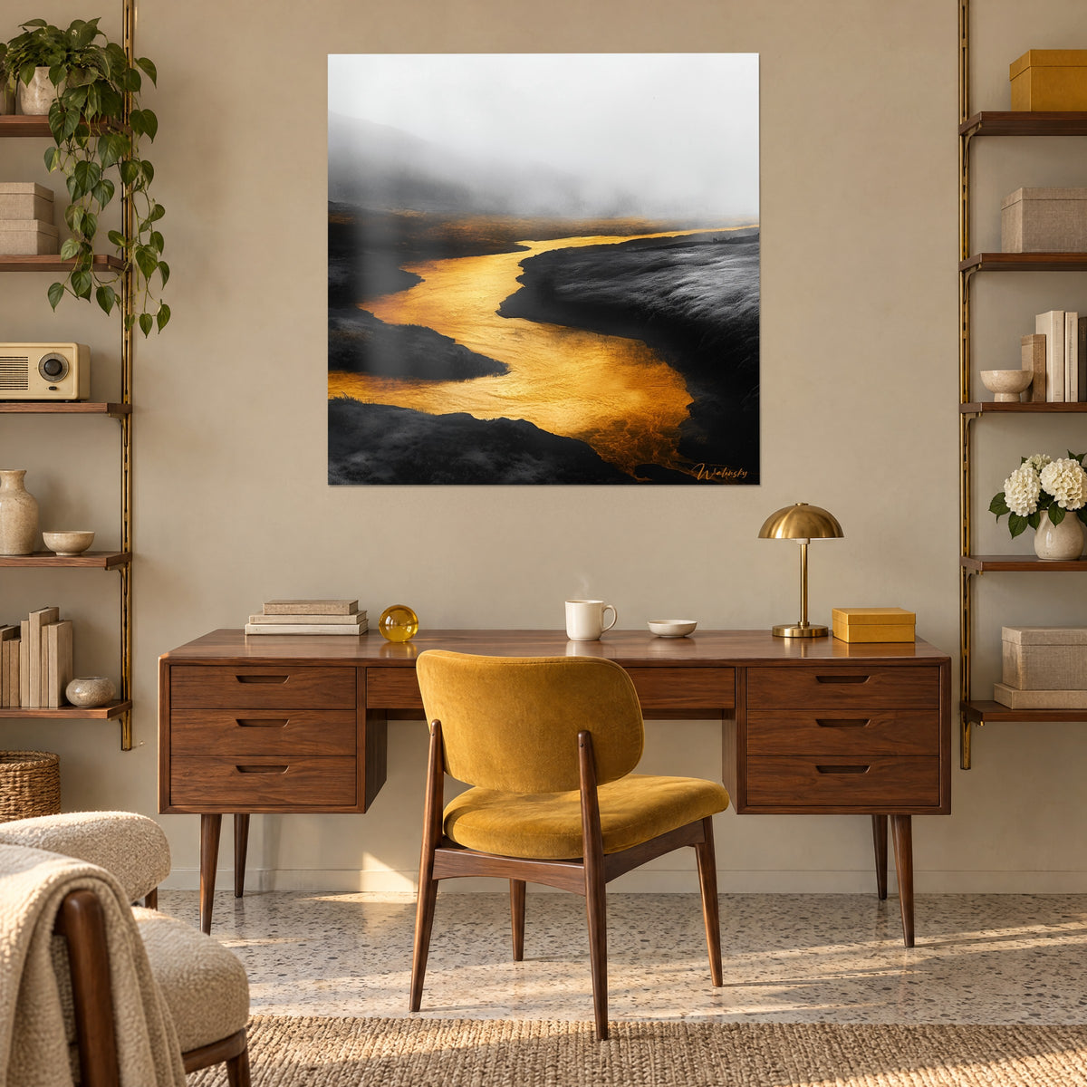 Tableau vallée brumeuse traversée d'une coulée dorée sur fond noir et gris, accroché au-dessus d'un bureau en bois et d'un fauteuil moutarde