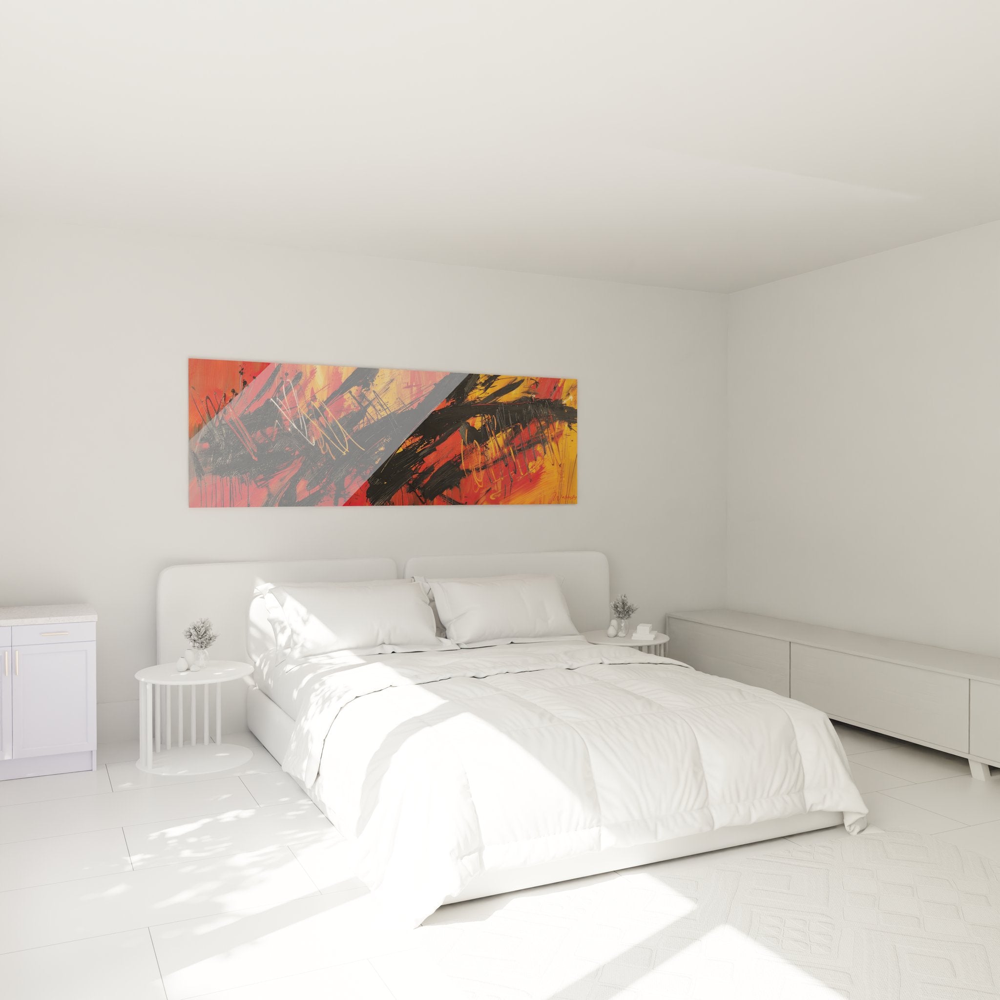 Ambiance chambre avec tableau mural expressionniste abstrait couleurs chaudes décoration moderne