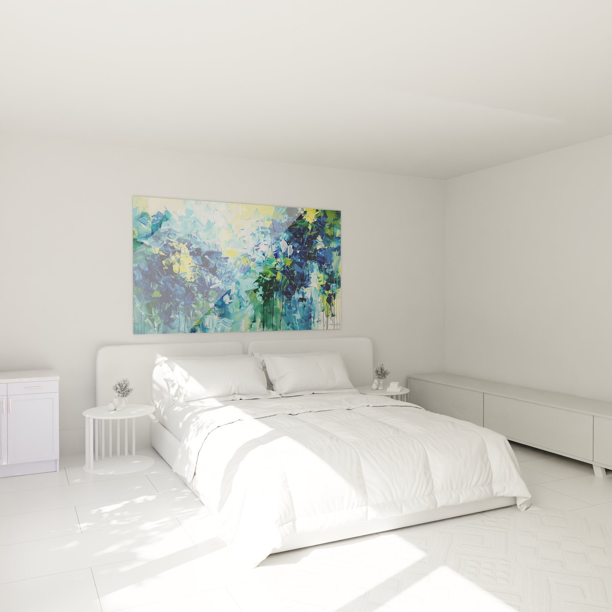 Tableau abstrait expressionniste bleu décorant une chambre moderne avec ambiance apaisante océanique