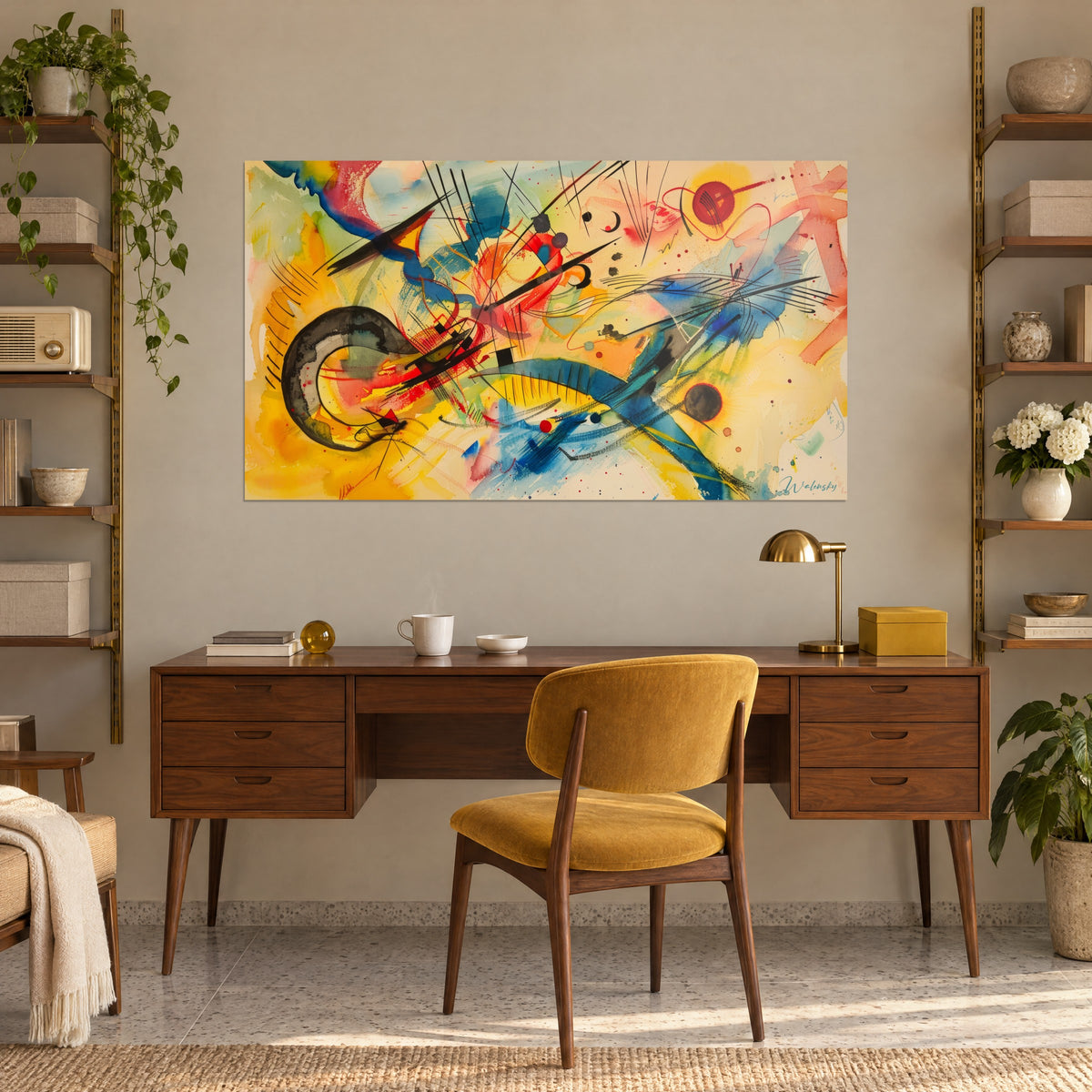 Schilderij lyrische abstractie, blauwe en zwarte bogen, rode schijf en goudgele accenten, op een beige muur boven een houten bureau