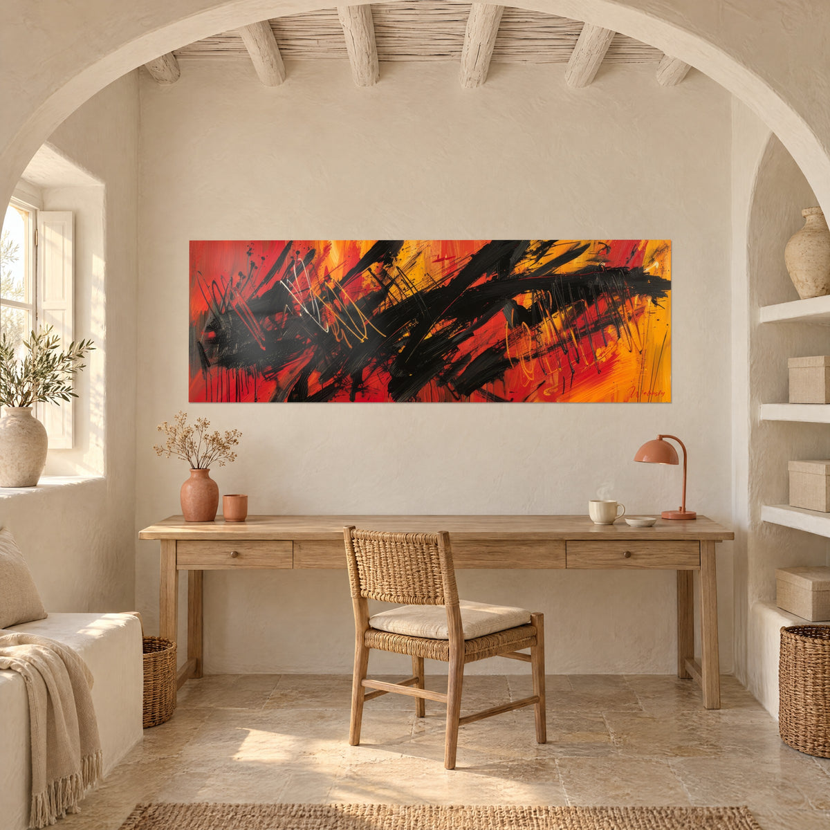 Schilderij met heftige zwarte spatten op baksteenrood en goudgeel, opgehangen boven een bureau van licht hout