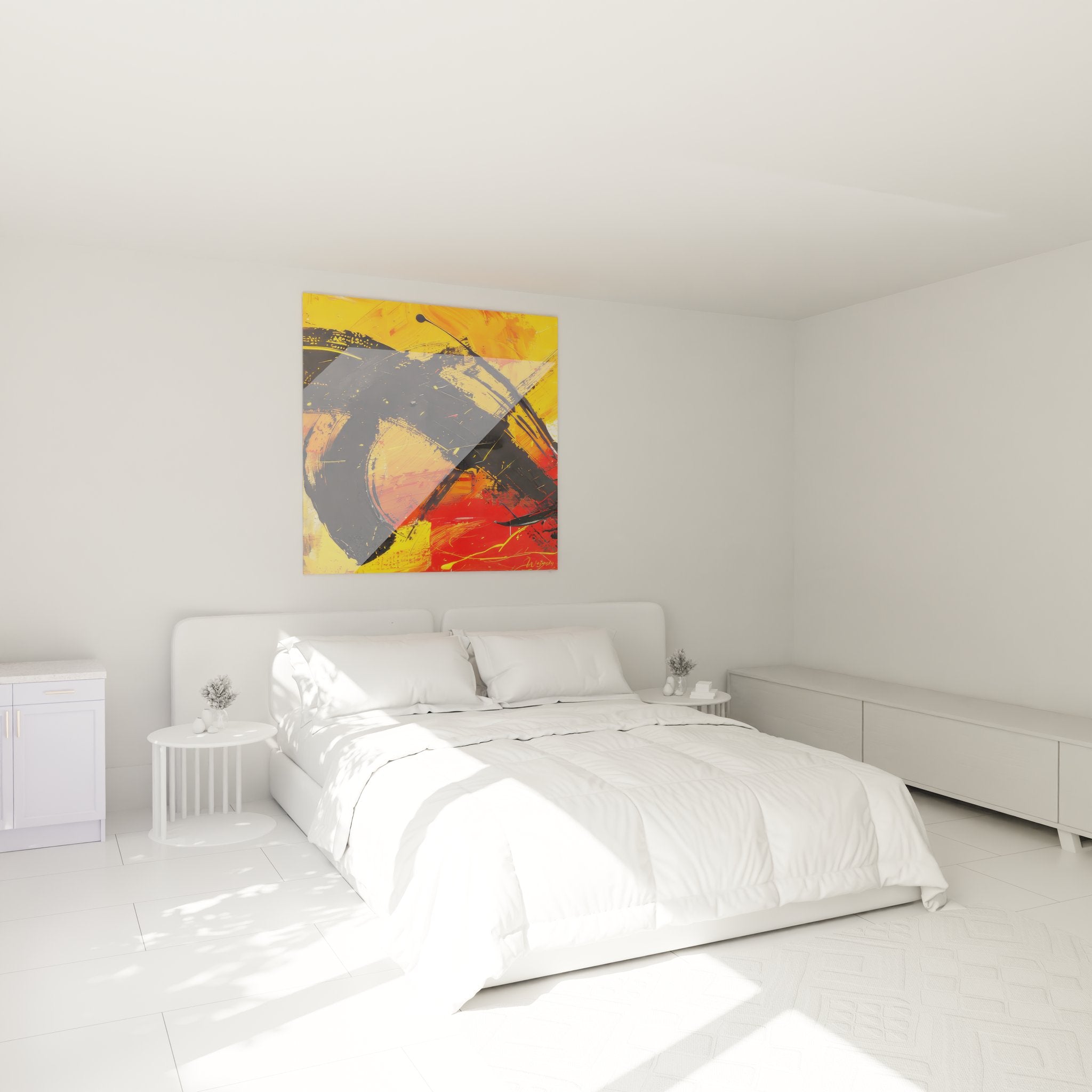Tableau mural abstrait expressionniste dans chambre moderne, décoration artistique aux tons orange et noir