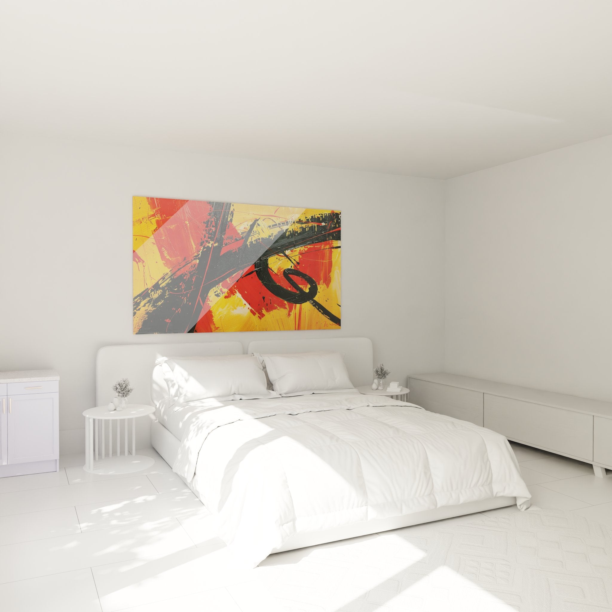 Tableau expressionniste abstrait dans chambre moderne, décoration murale contemporaine jaune rouge