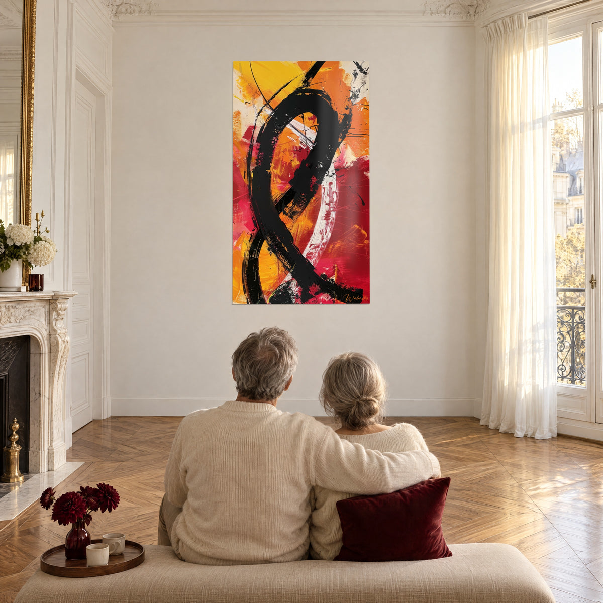 Gemälde schwarze Spirale auf Purpur- und Bernsteingrund, in einem großen Pariser Salon mit Fischgrät-Parkett