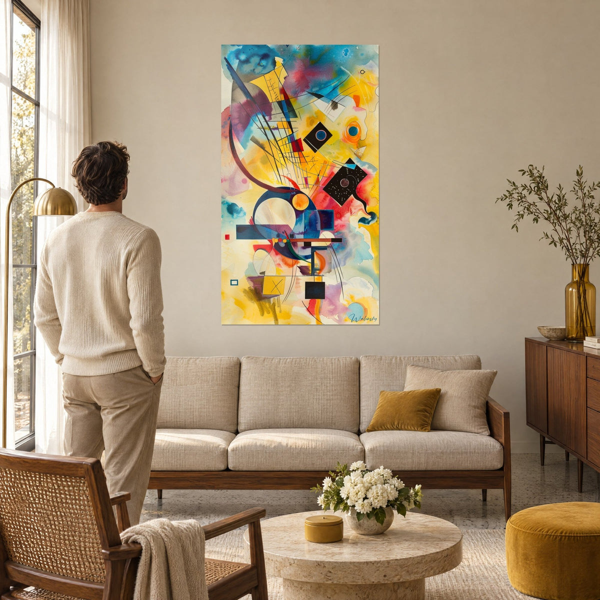 Tableau composition abstraite aux aplats jaune soleil et bleu turquoise, lignes noires fines, homme de dos au-dessus d'un canapé dans un salon lumineux
