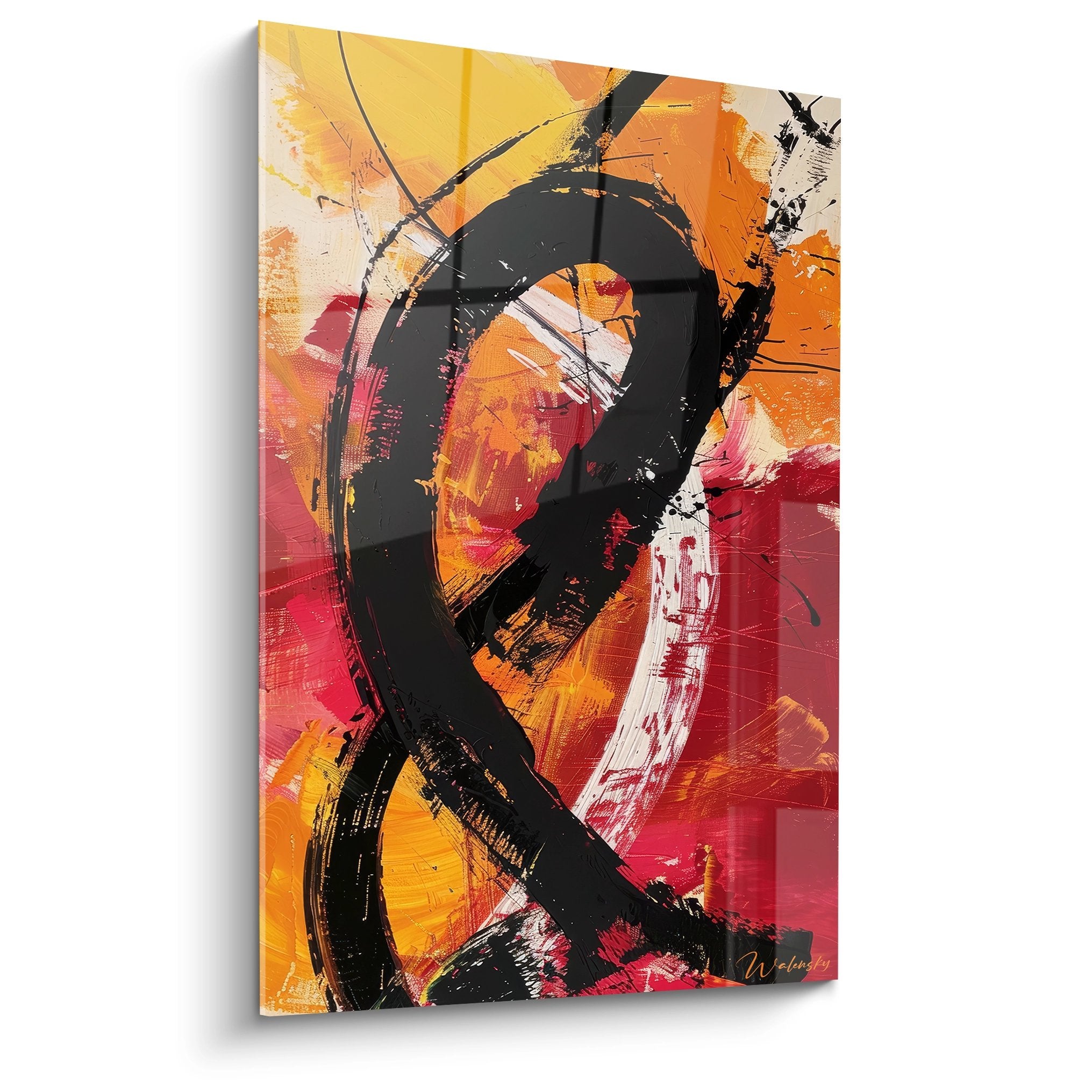 Tableau expressionniste formes abstraites noires sur fond coloré orange rouge jaune art moderne