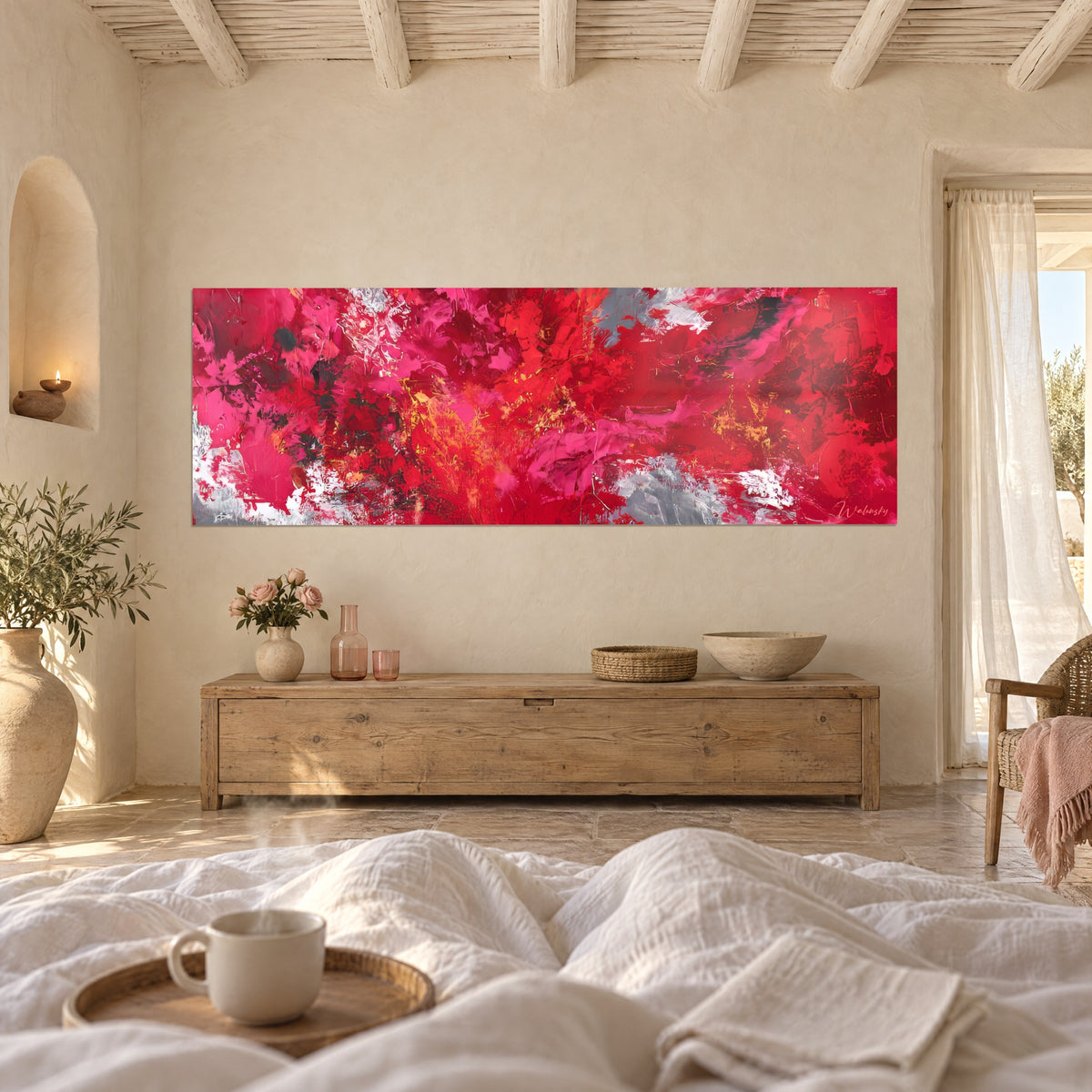 Wall art purple and raspberry drips with gold highlights and pearl grey, on a rendered wall above a bed in a light bedroom