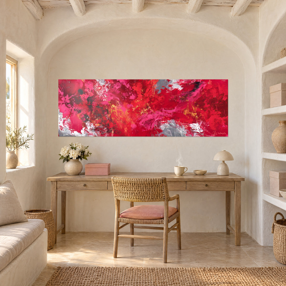 Wall art incandescent abstract canvas in cherry red and bubblegum pink, cream wall, light wood desk, pale pink chair