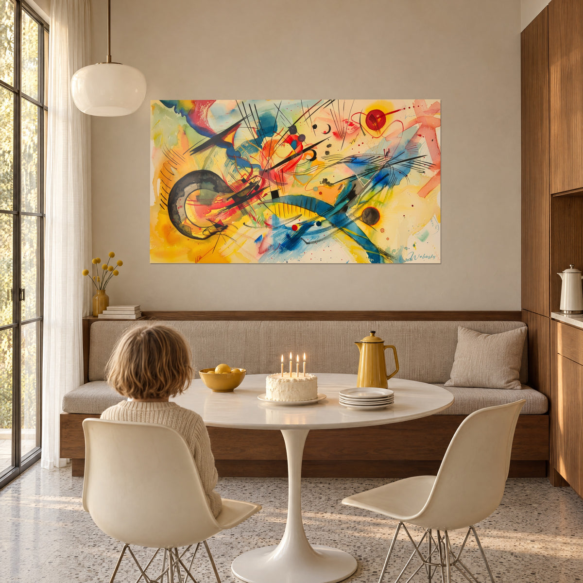 Schilderij abstract doek met uitbarstingen van rood, geel en blauw, zwarte spiraal links, in een eetkamer met ronde witte tafel