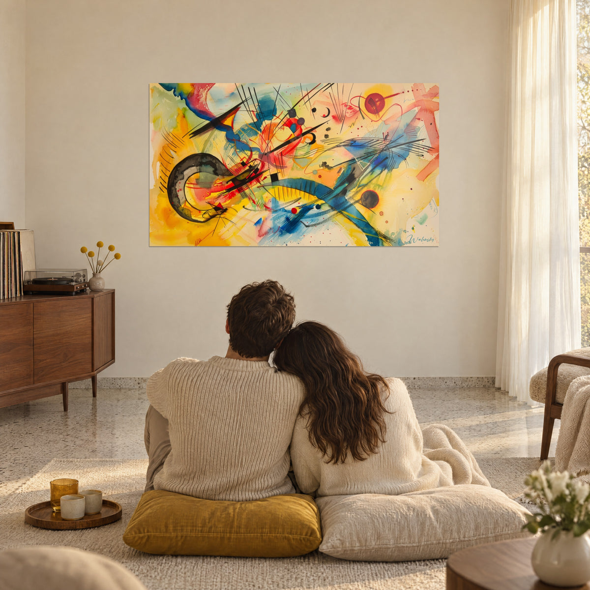 Schilderij explosie van levendige kleuren, zonnegeel, koraalroze en blauw, spiraalvormen, tegenover een stel dat op kussens zit