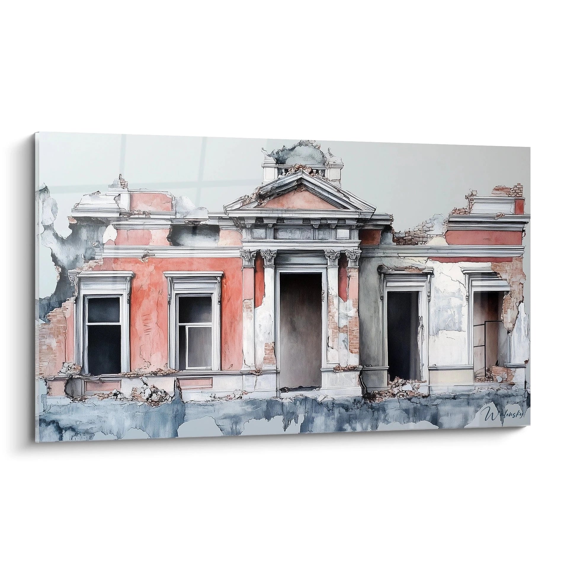 Tableau artistique d'une façade néoclassique détériorée, avec murs corail et détails architecturaux blancs, montrant fenêtres vides et fronton triangulaire, dans un style aquarellé aux textures fluides et dégradations subtiles.
