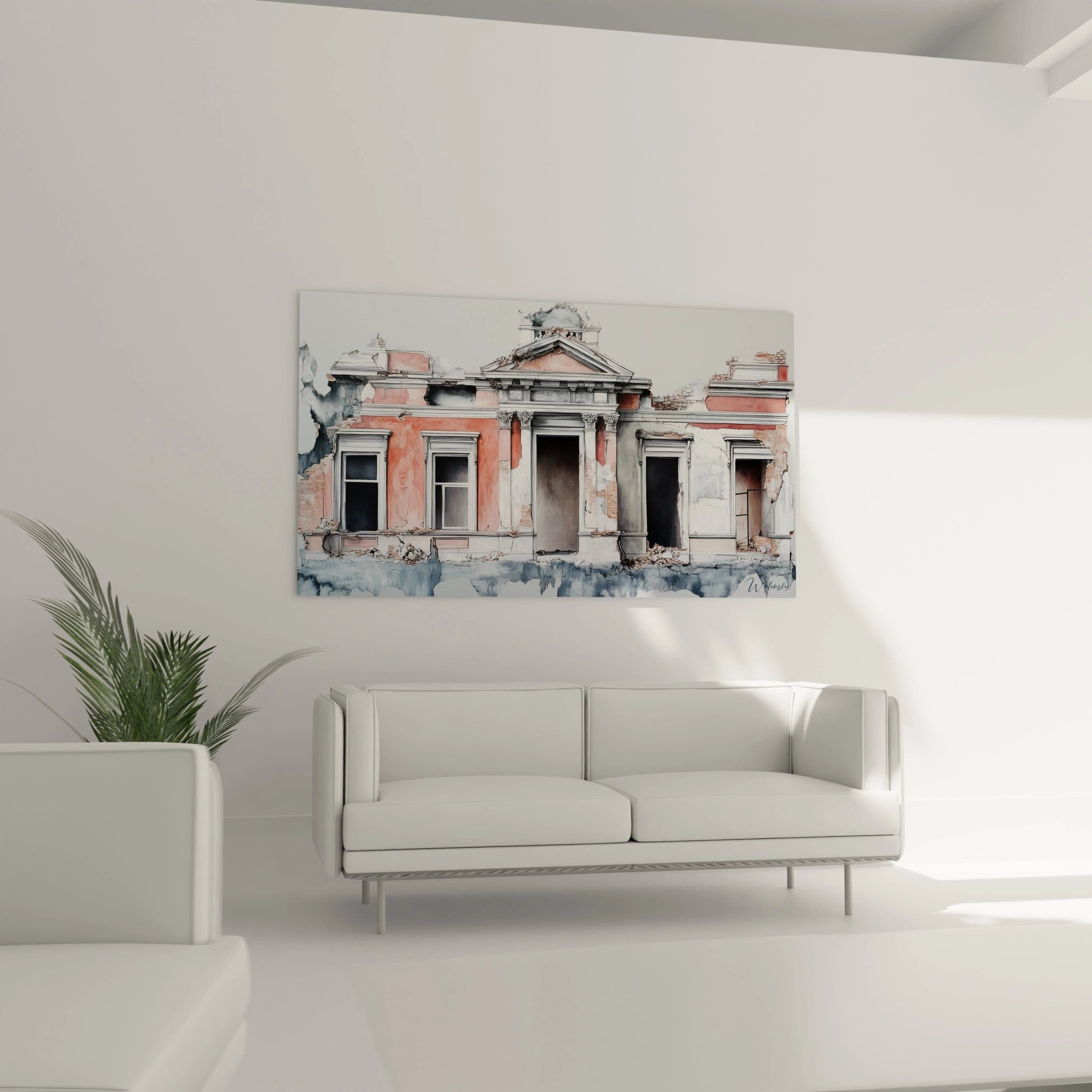 Tableau d'architecture délabrée alliant précision des détails et fluidité des couleurs, présentant une maison abandonnée aux murs roses et blancs, avec fenêtres vides et porte centrale, le tout rendu dans un style entre réalisme et expression artistique.
