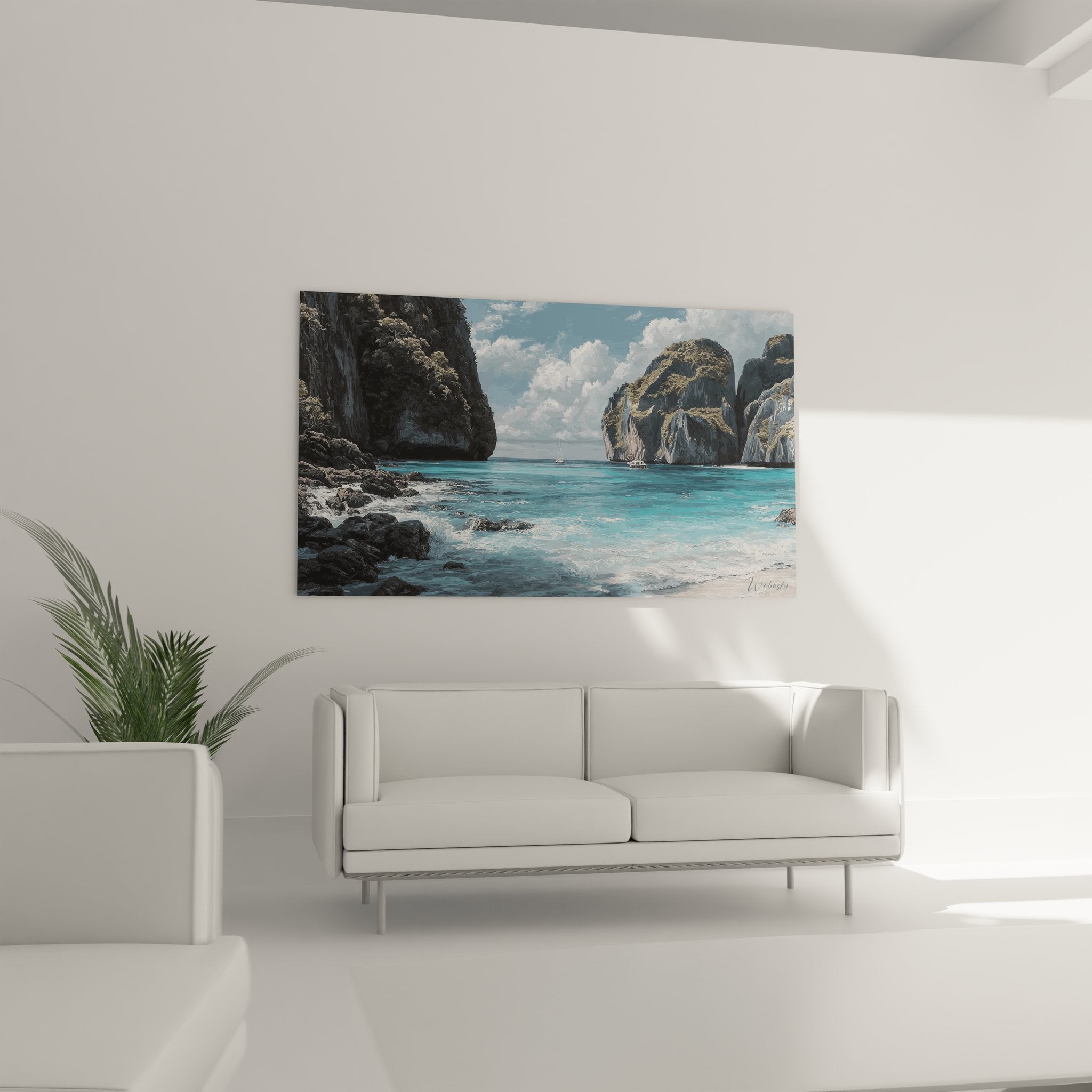 Détail gros plan tableau falaises calanque, texture réaliste rochers blancs et eaux turquoise méditerranéennes