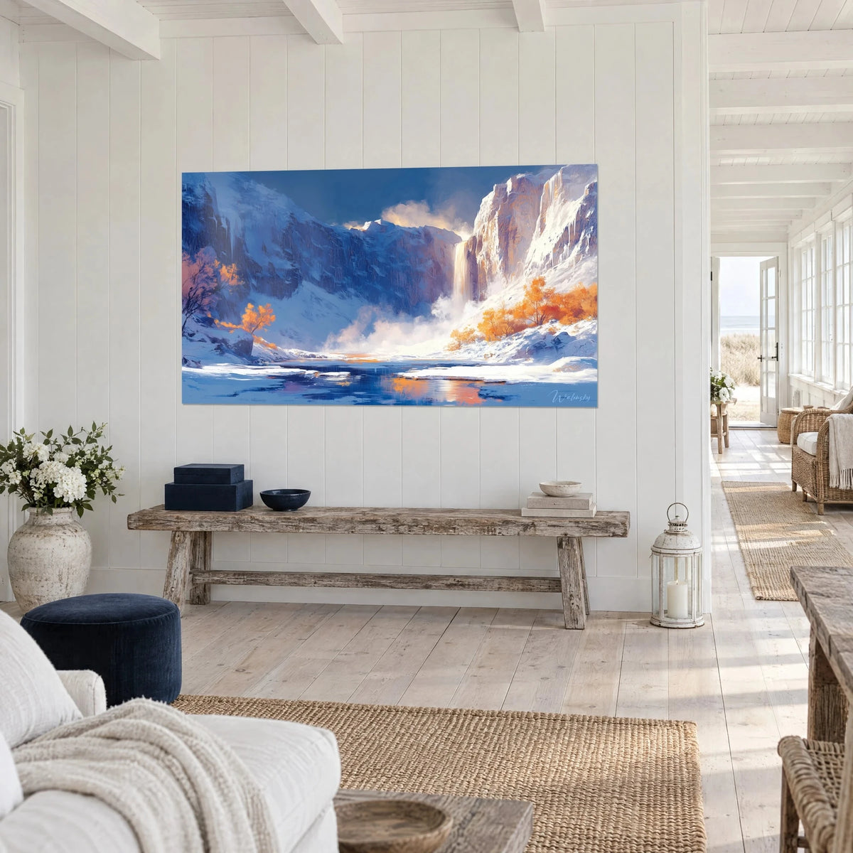Wall art waterfall draped in white mist between indigo cliffs, three-quarter amber trees, seaside house