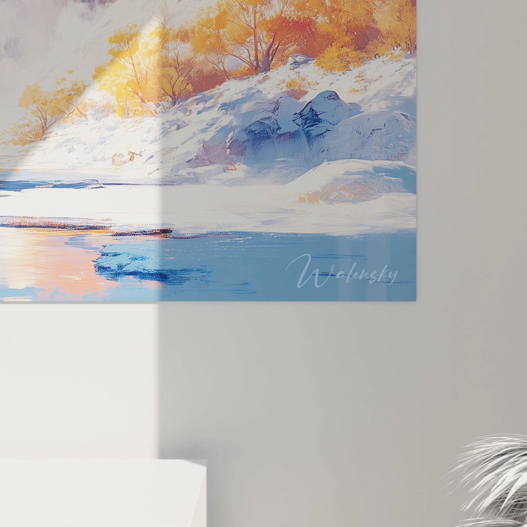 Tableau montagne avec cascade dorée descendant de hautes falaises couvertes de neige, entourée d'une végétation automnale aux teintes chaudes contrastant avec les tons froids des rochers et de l'eau, le tout baigné dans une lumière matinale aux reflets multiples.
