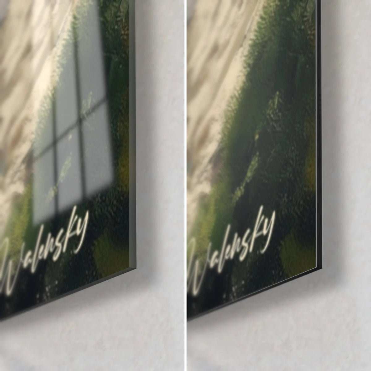 Wall art of a painted coastal cliff, bottom right corner: green grass and Walensky signature, glossy glass on the left, matte Dibond on the right