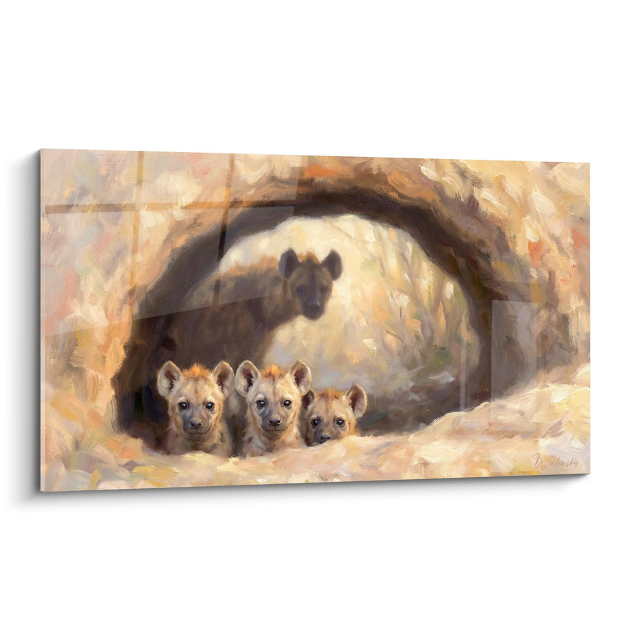 Tableau Famille de Hyènes dans leur Tanière aux Tons Ocre et Dorés - Tendresse Sauvage - Edition Hyène