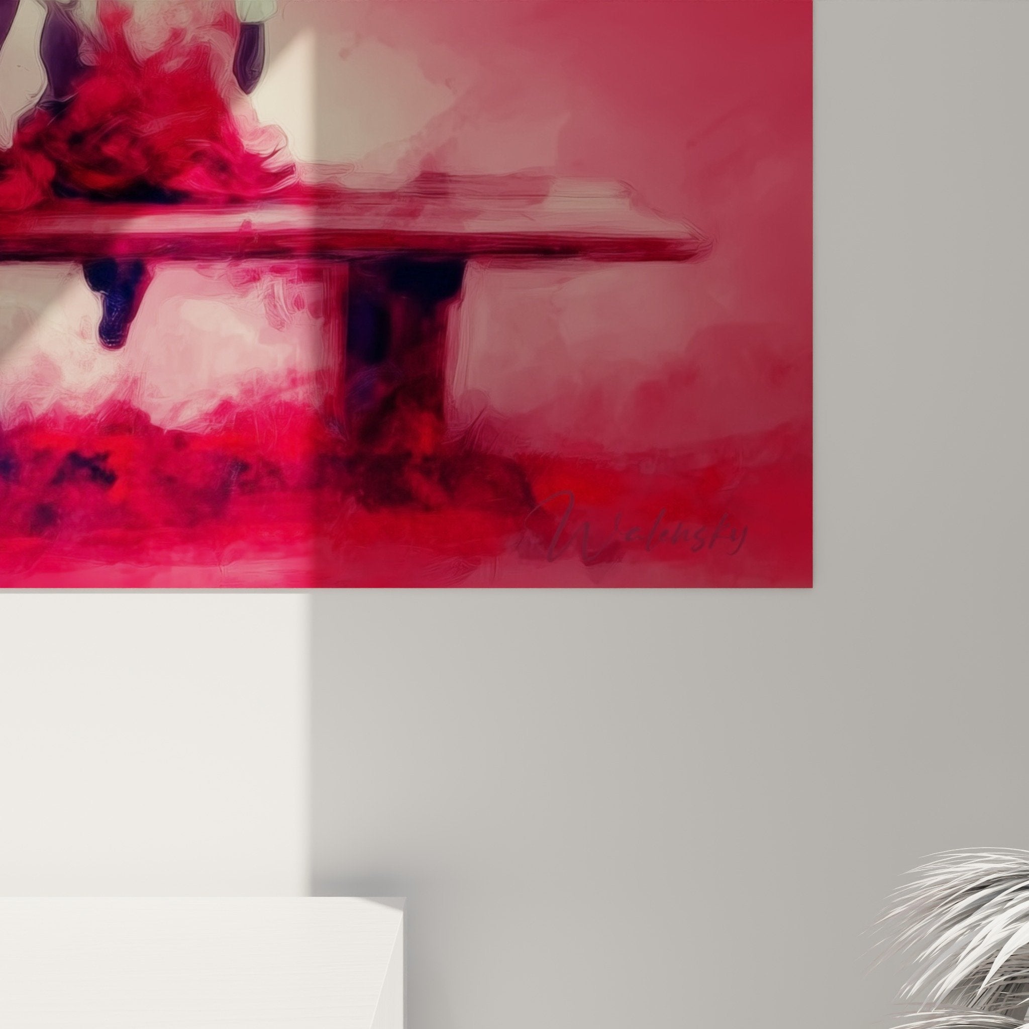 Familienbild in roter Ausführung in modernem Wohnzimmer, Wanddekoration, Mohnblüten-Edition