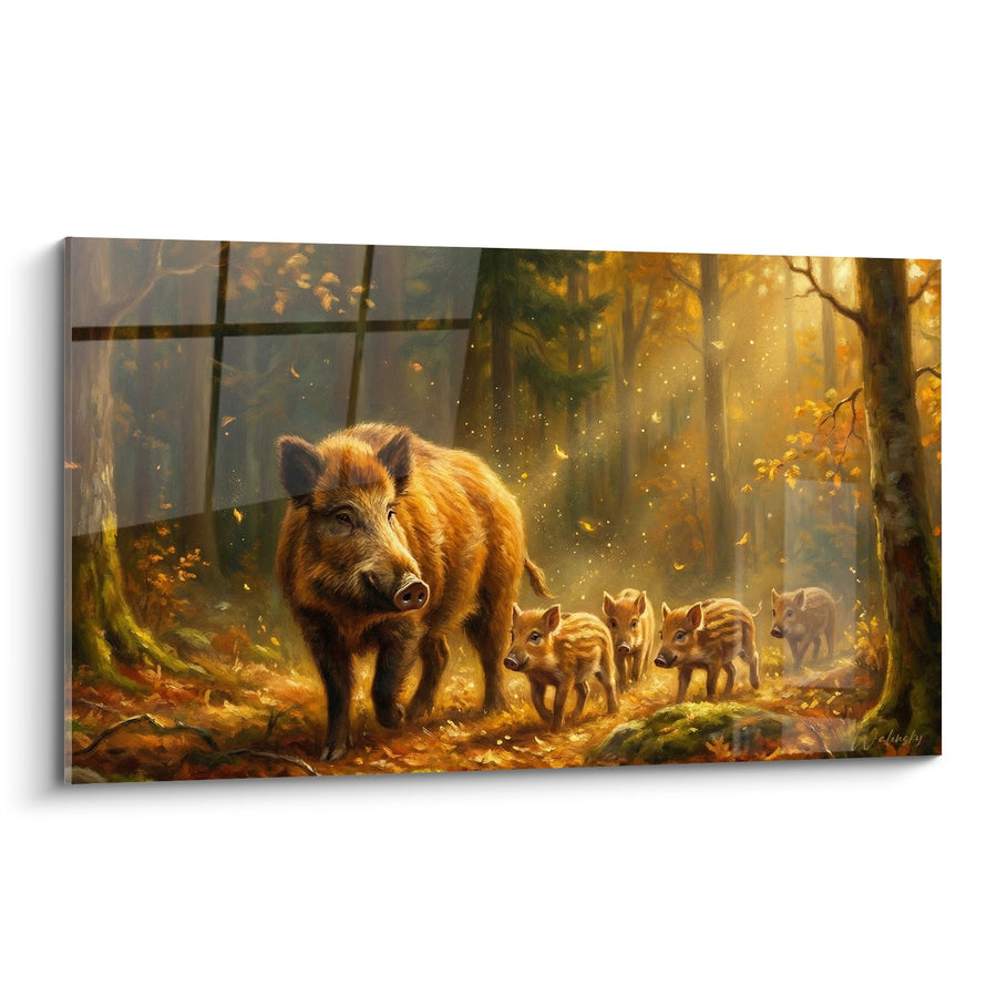 Tableau Famille de Sangliers dans Forêt Dorée Automnale - Tendresse Sauvage - Edition Sanglier