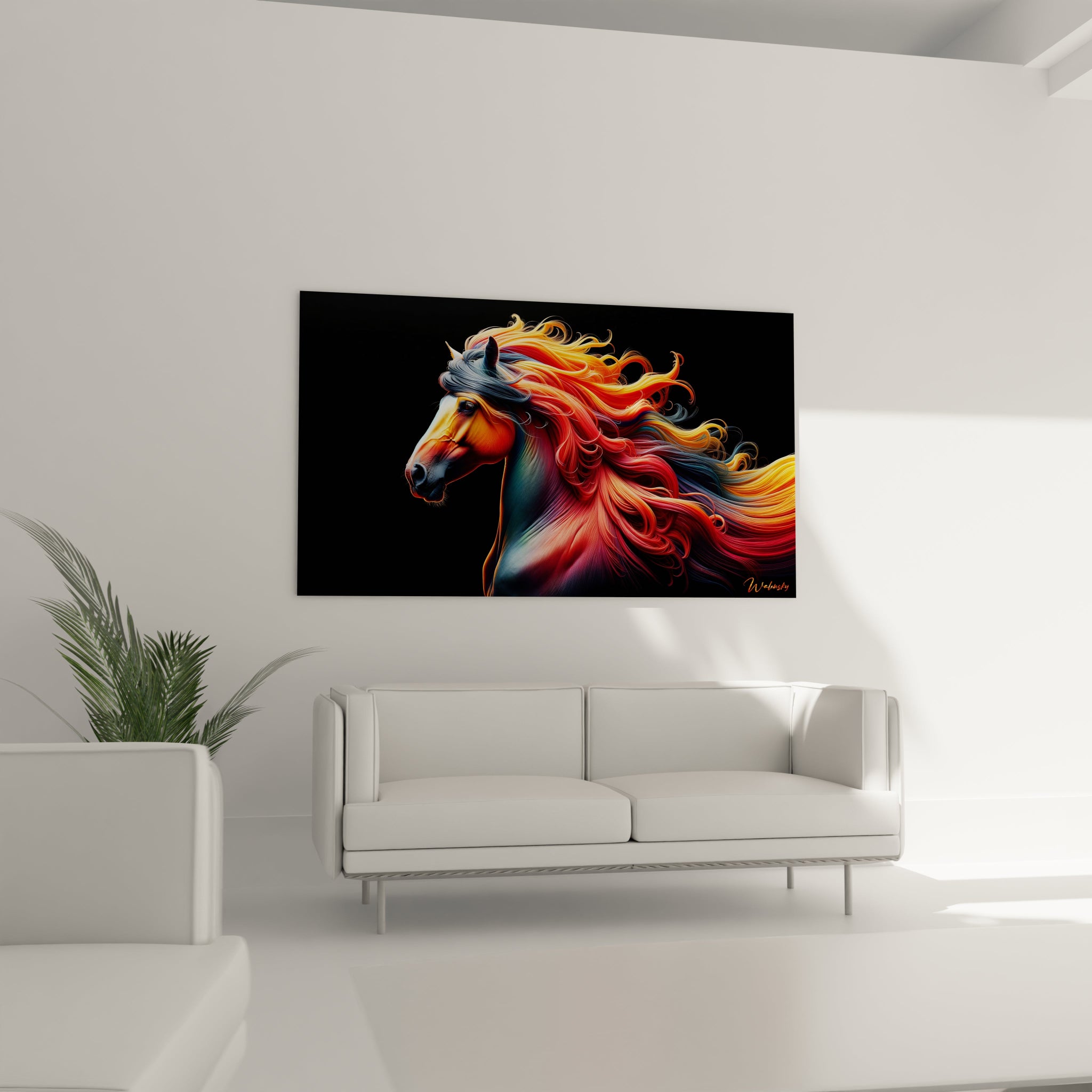 Un tableau d'animal montrant un cheval stylisé aux couleurs éclatantes où dominent les tons chauds pour la crinière volumineuse et des teintes plus froides pour certaines parties du corps. La texture lisse du pelage contraste avec les mèches ondulées et aériennes de la crinière qui semblent flotter sur fond noir.
